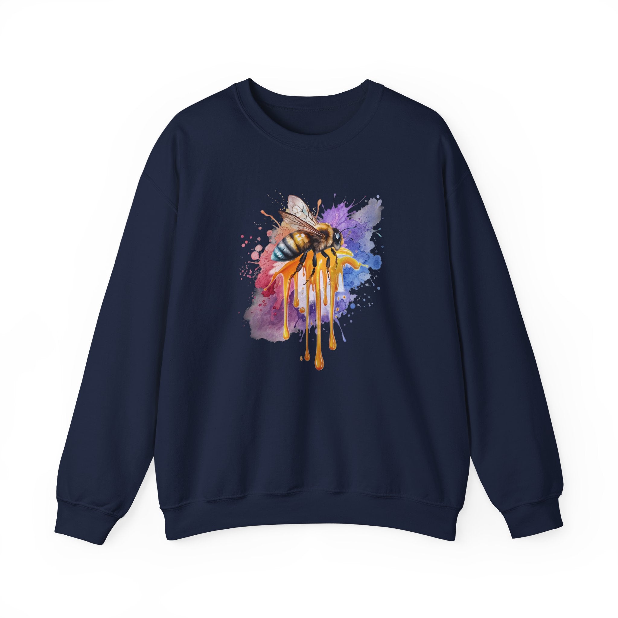 Navy blue sweatshirt with a colorful bee design on a white background