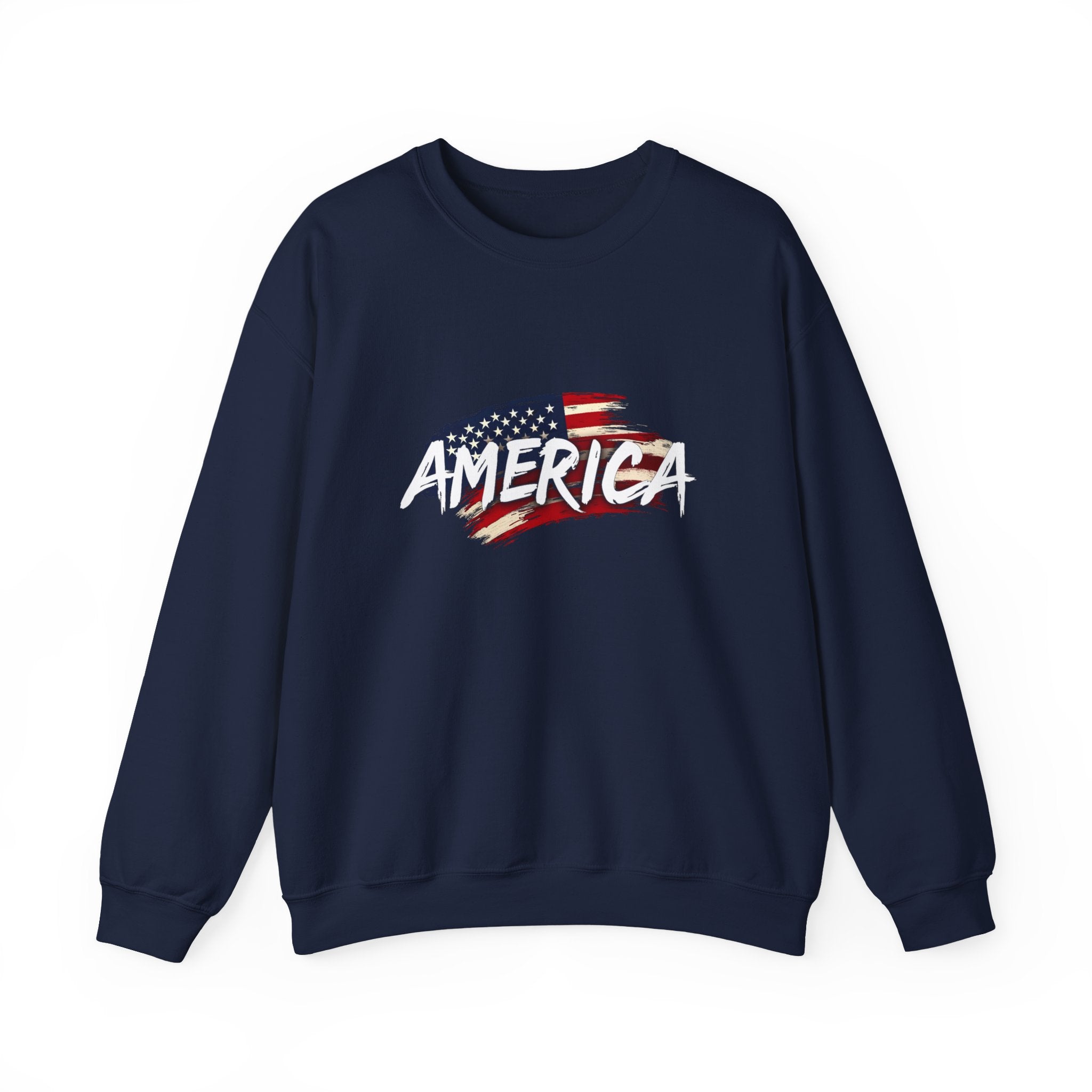 Navy blue sweatshirt with 'AMERICA' and an American flag design on a white background