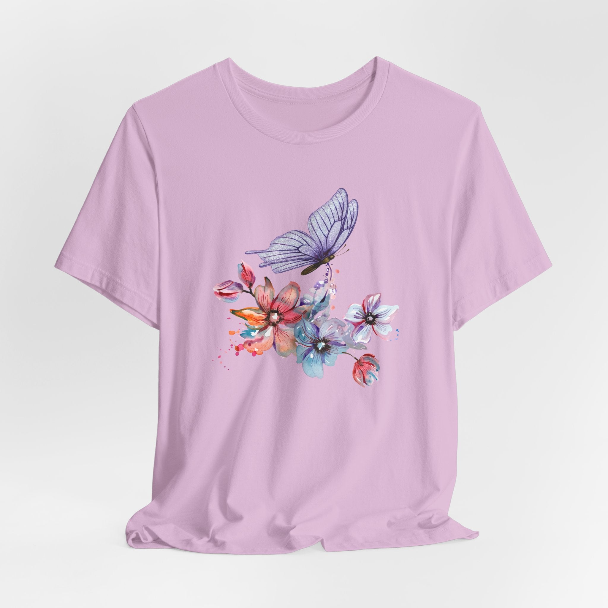 Lavender t-shirt with a butterfly and floral design on a light purple background