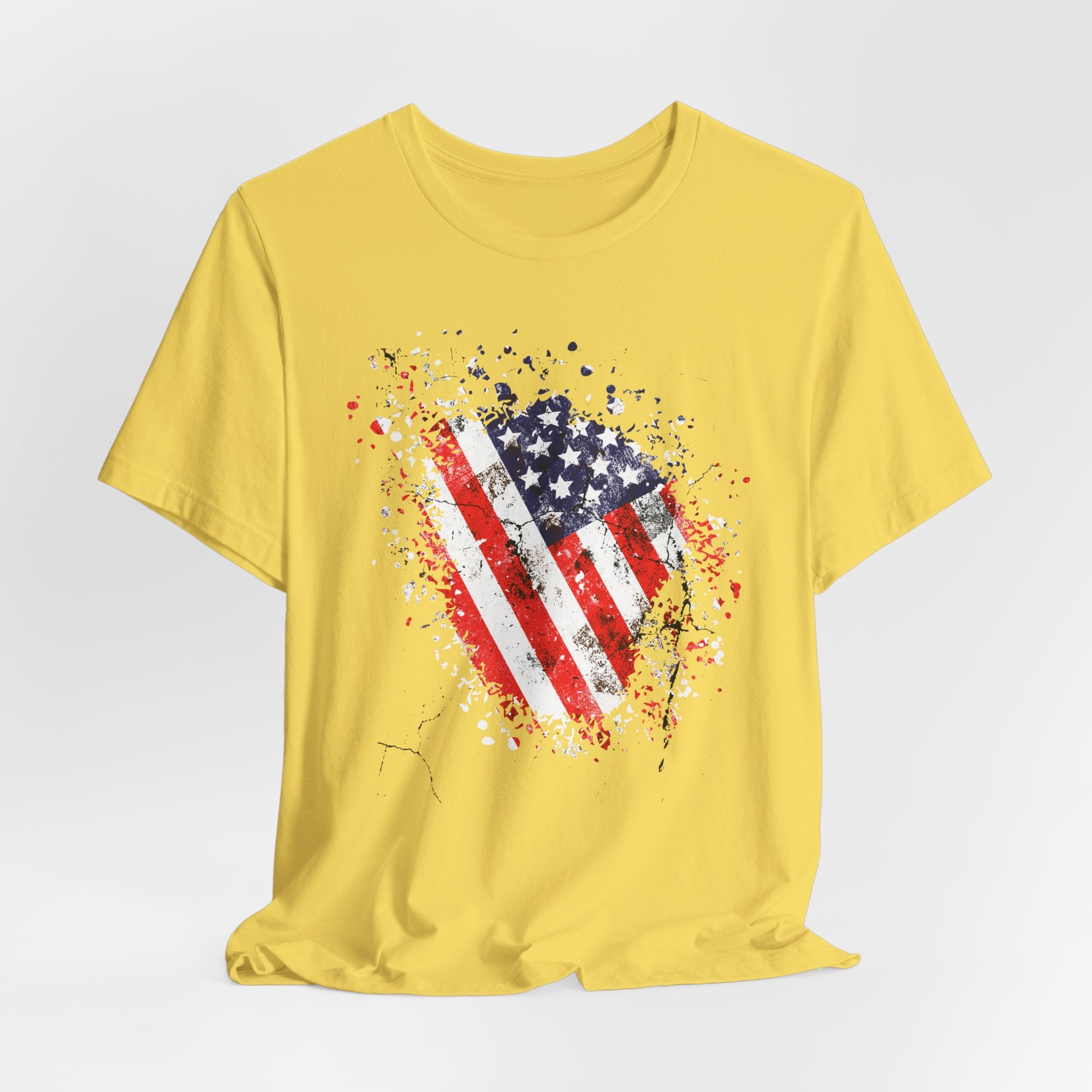 Yellow t-shirt with American flag design on a white background