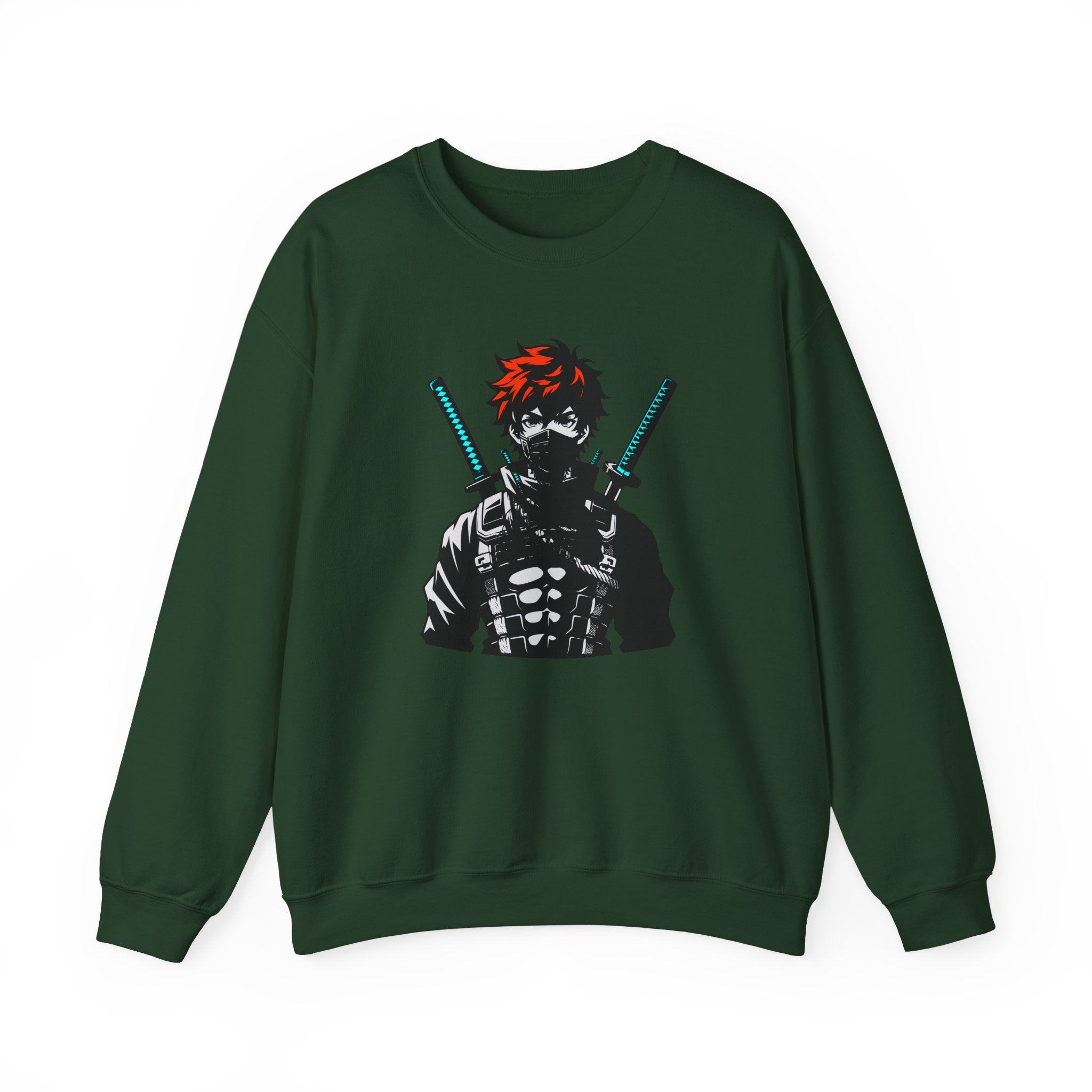 Green sweatshirt with a graphic design of a character holding swords on a white background