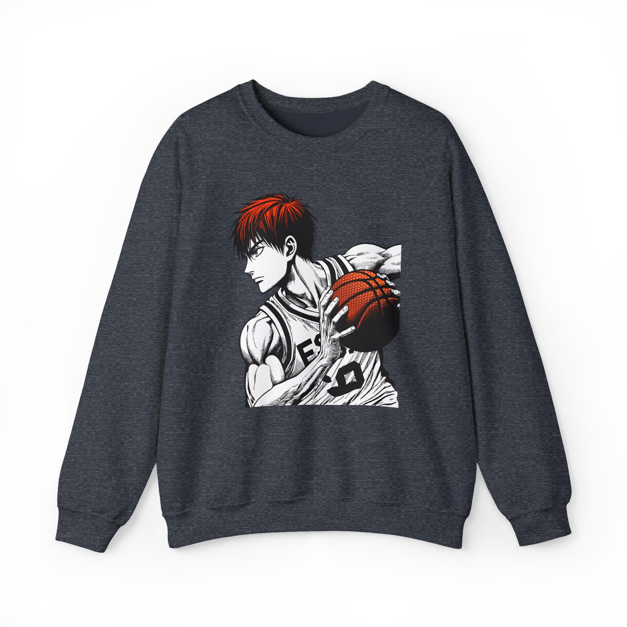 Gray sweatshirt with an anime-style character holding a basketball on a white background