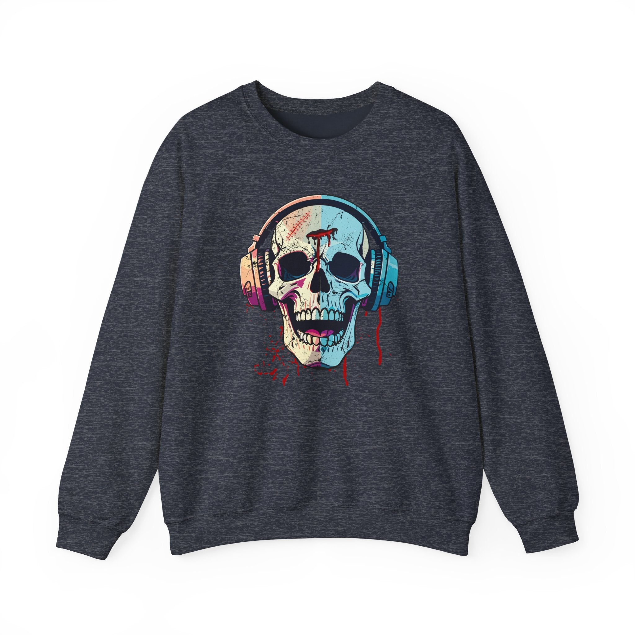 Gray sweatshirt with a colorful skull design wearing headphones on a white background