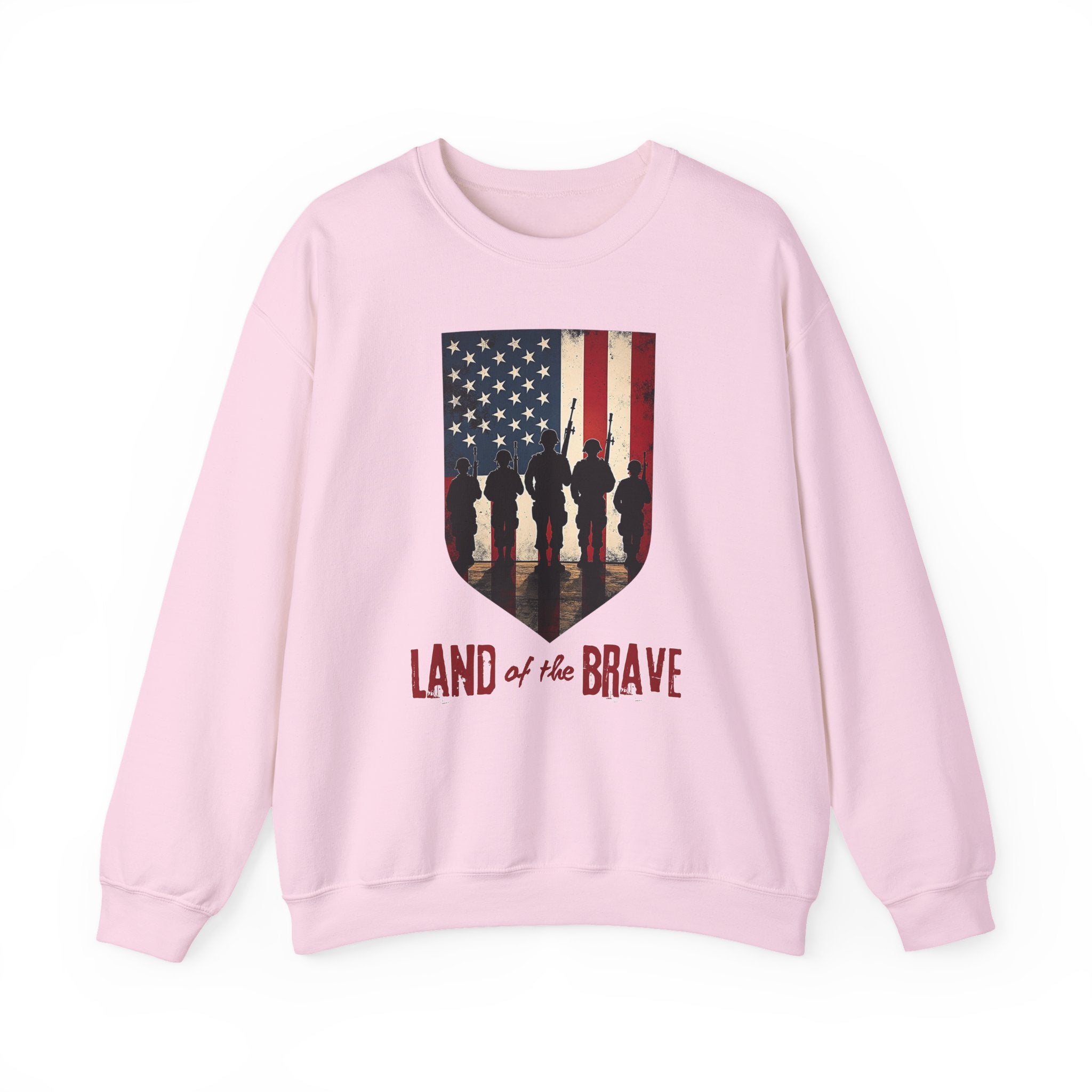 Pink sweatshirt with American flag and silhouette design on a white background