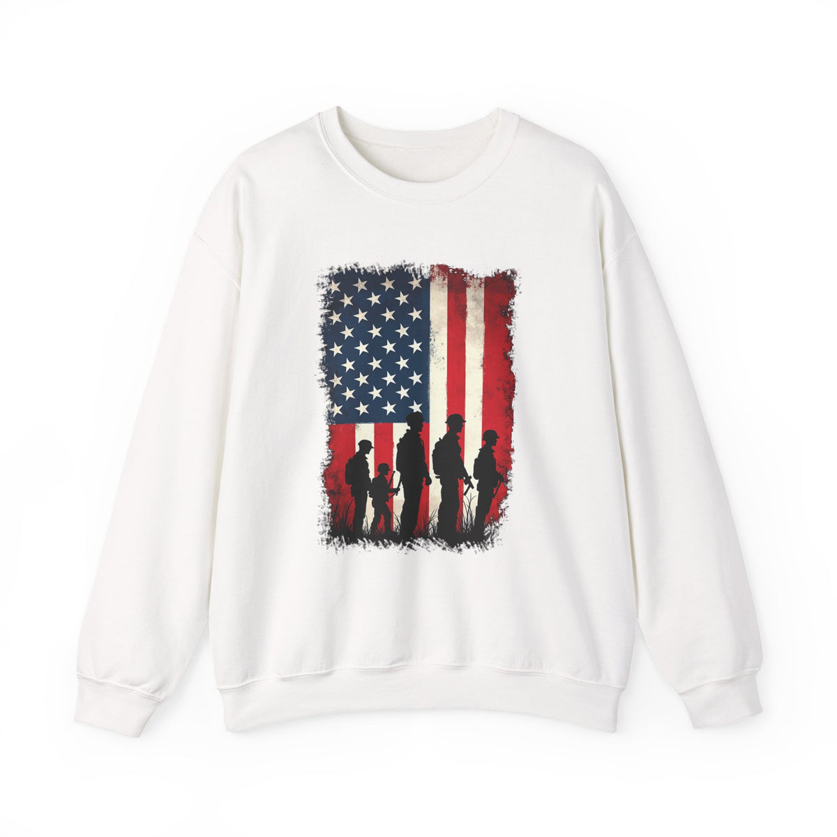 White sweatshirt with American flag and silhouette design on a white background