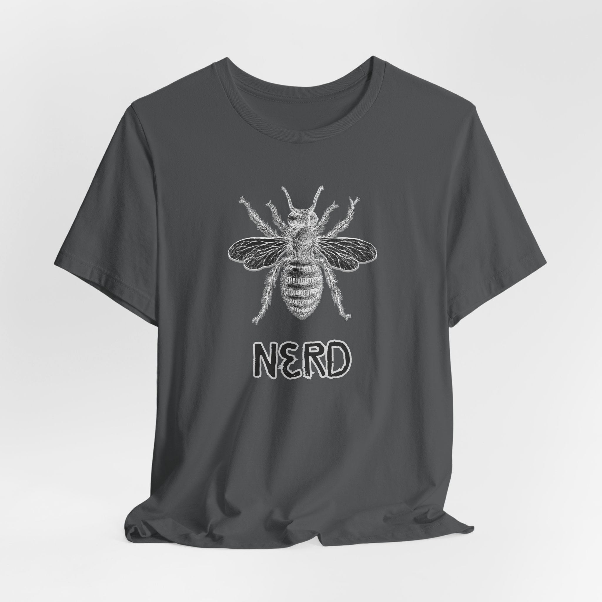 Grey t-shirt with bee graphic and "NERD" text print on a white background