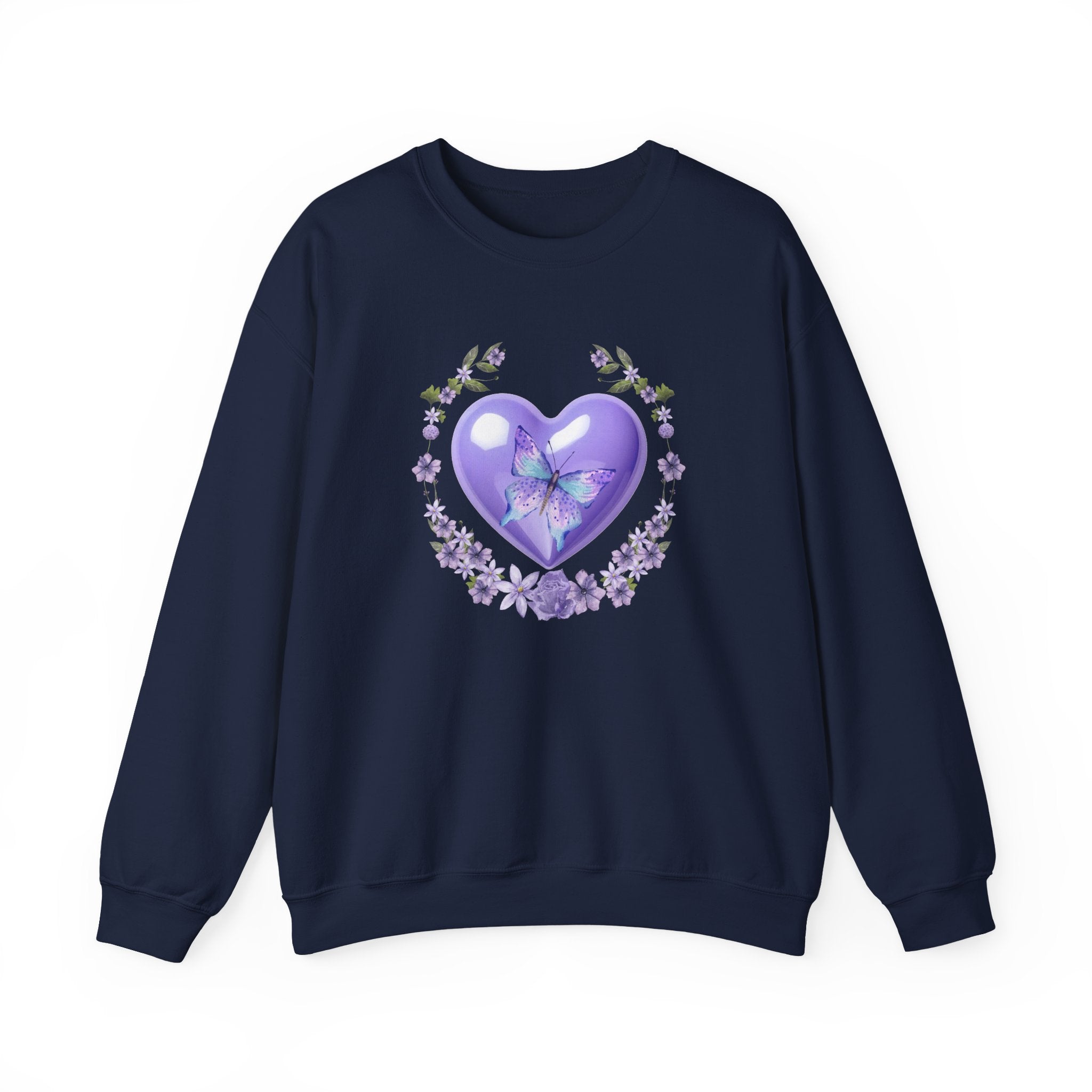 Navy blue sweatshirt with a purple heart and butterfly design on a white background