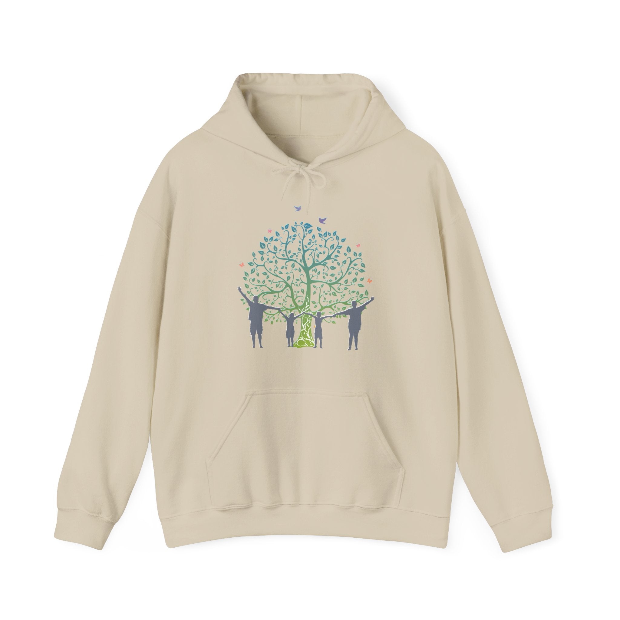 Beige hoodie with a graphic of people around a tree on a white background