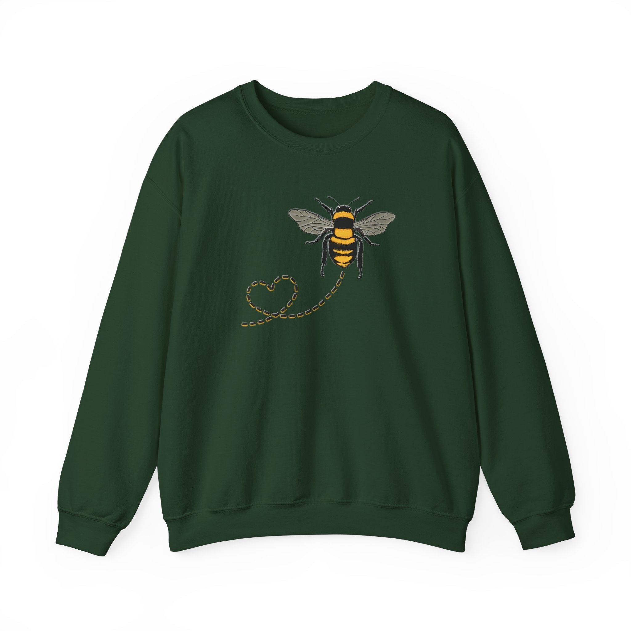 Green sweatshirt with a bee and dotted heart design on a white background