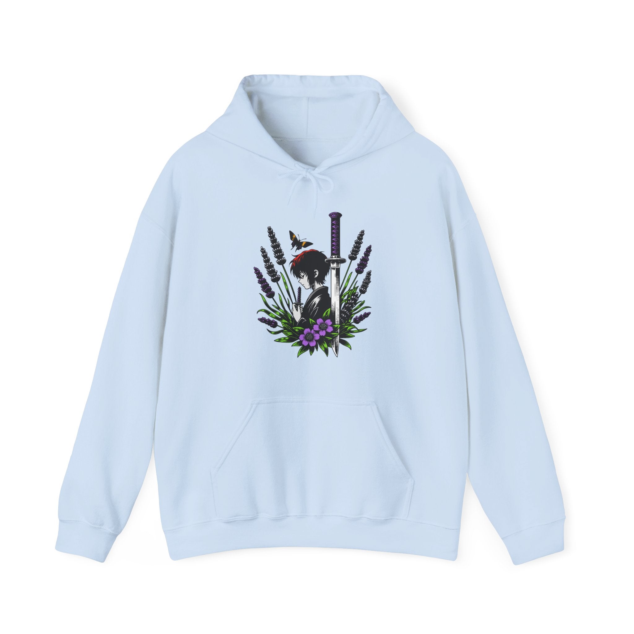 Light blue hoodie with a graphic design on a white background