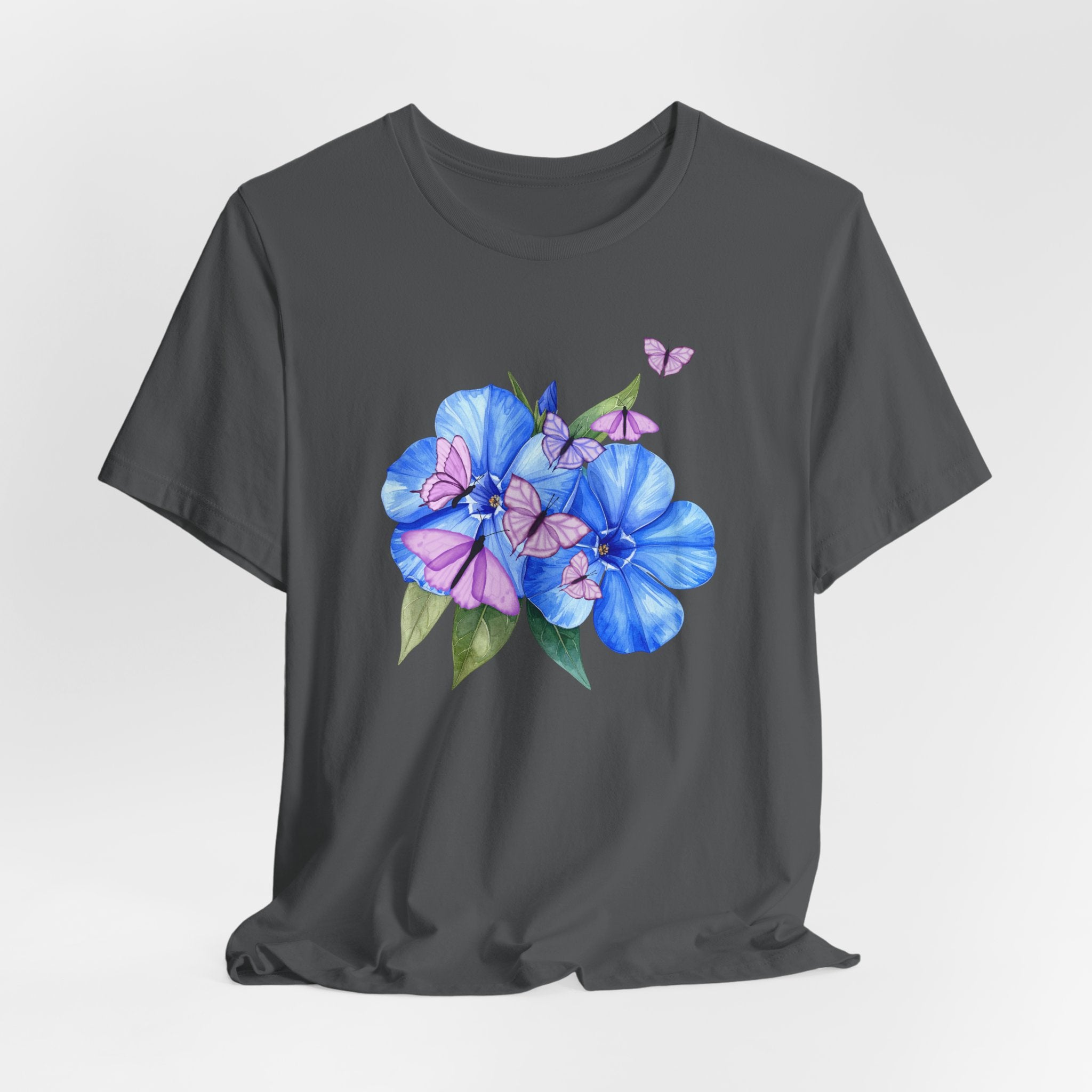 Black t-shirt with blue floral design on a light gray background
