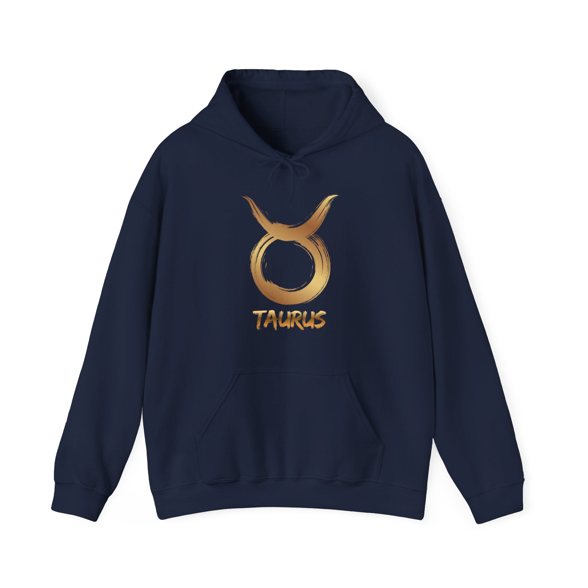 Navy blue hoodie with gold Taurus symbol and text on a white background