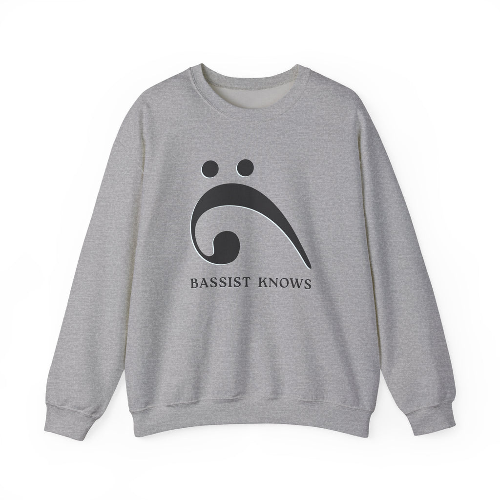 Gray sweatshirt with a black bass clef graphic and "Bassist Knows" text on a white background