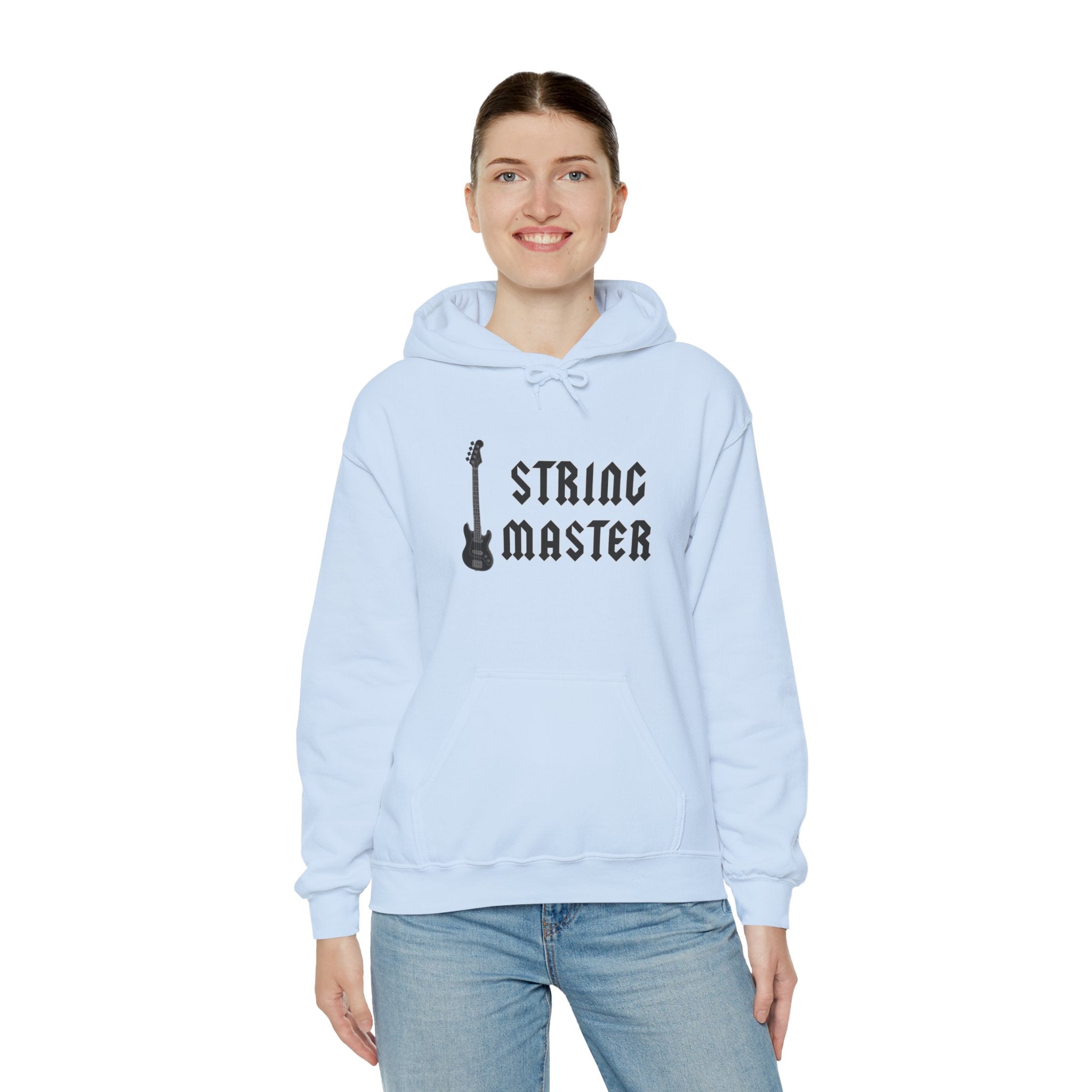 Person wearing a light blue hoodie with 'String Master' text and graphic on a white background