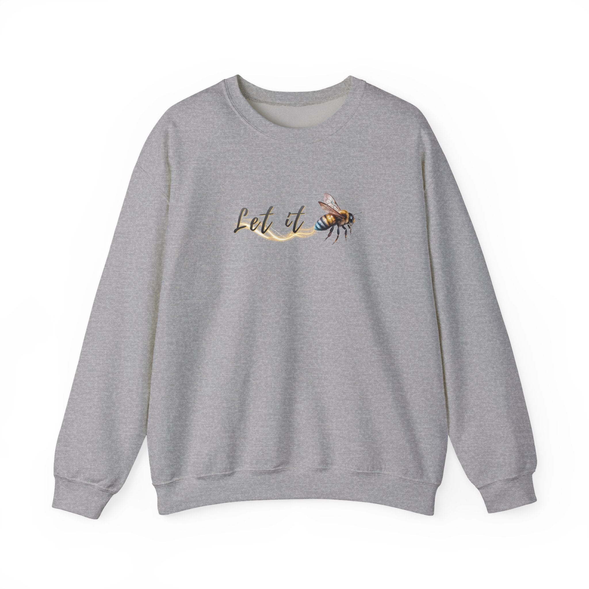 Gray sweatshirt with a bee and 'Let It' text design on a white background