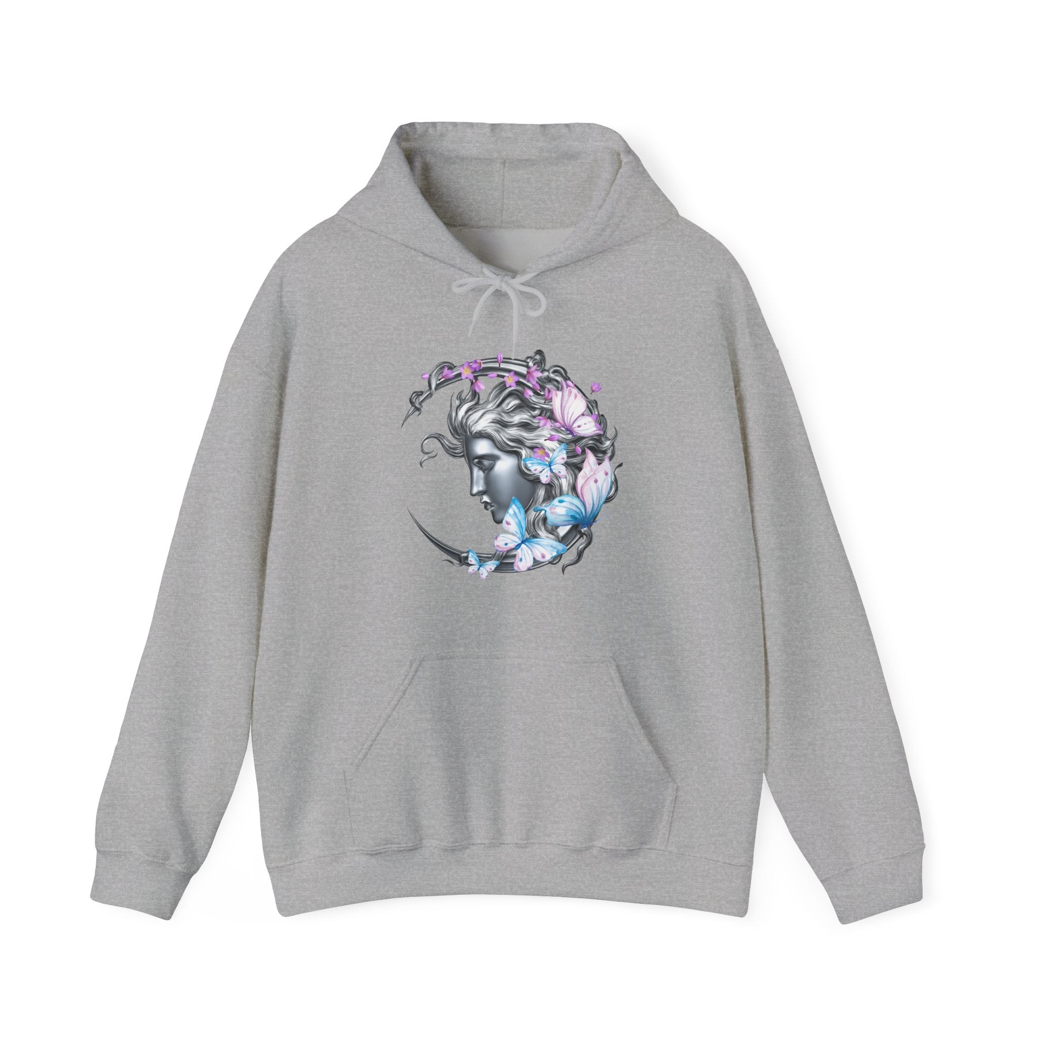 Gray hoodie with a woman and flower design on a white background