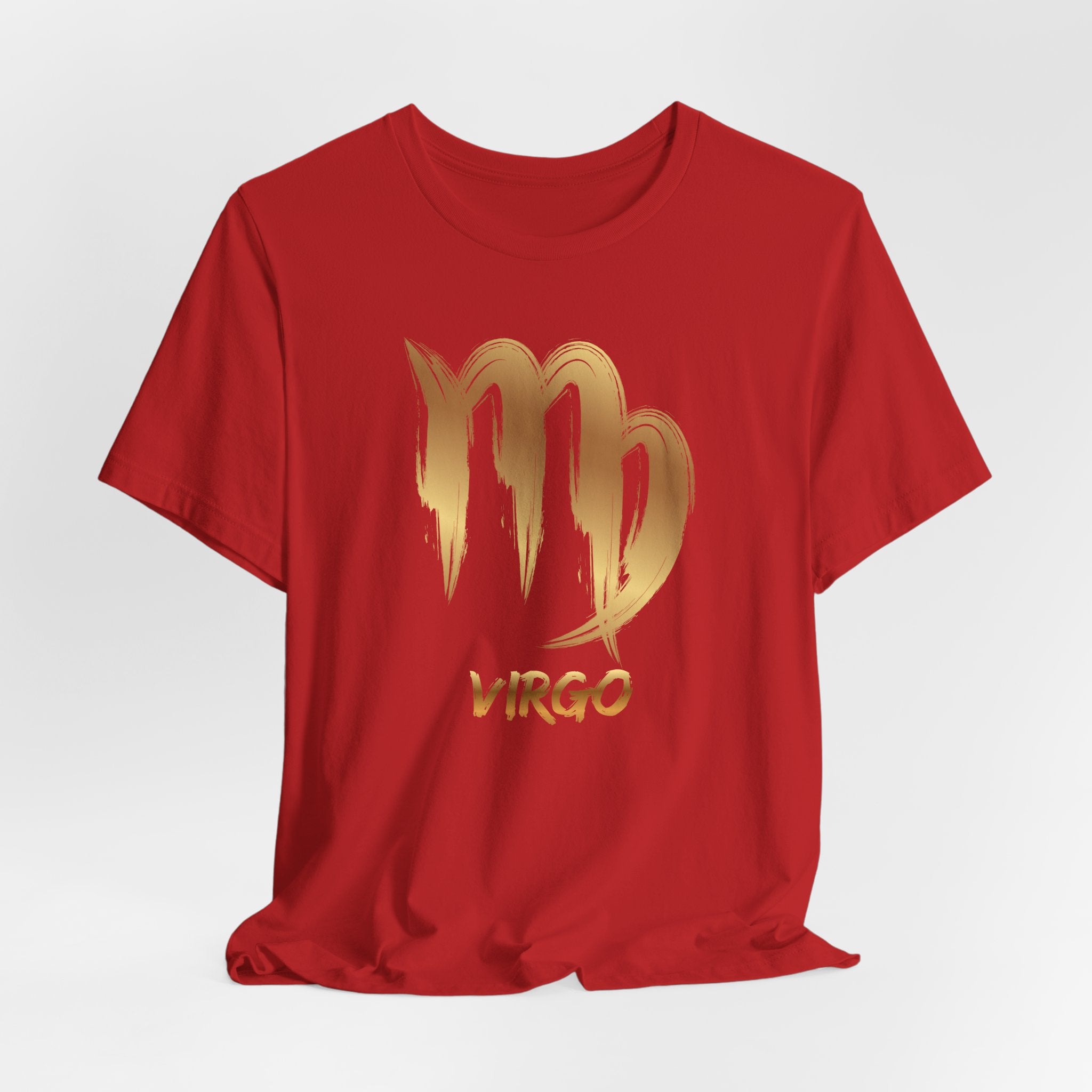 Red t-shirt with gold Virgo zodiac sign design on a white background
