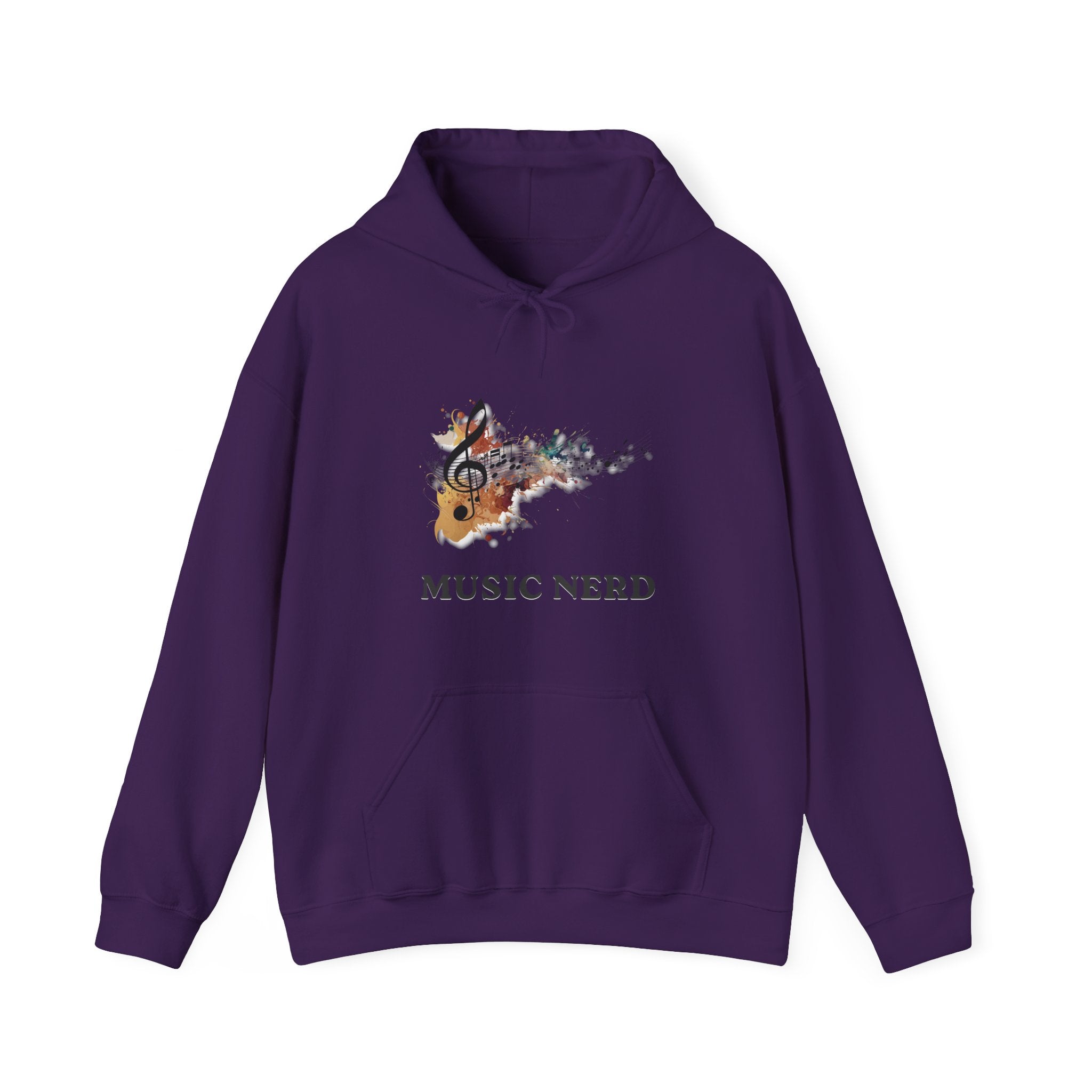 Purple hoodie with 'Music Nerd' design on a white background