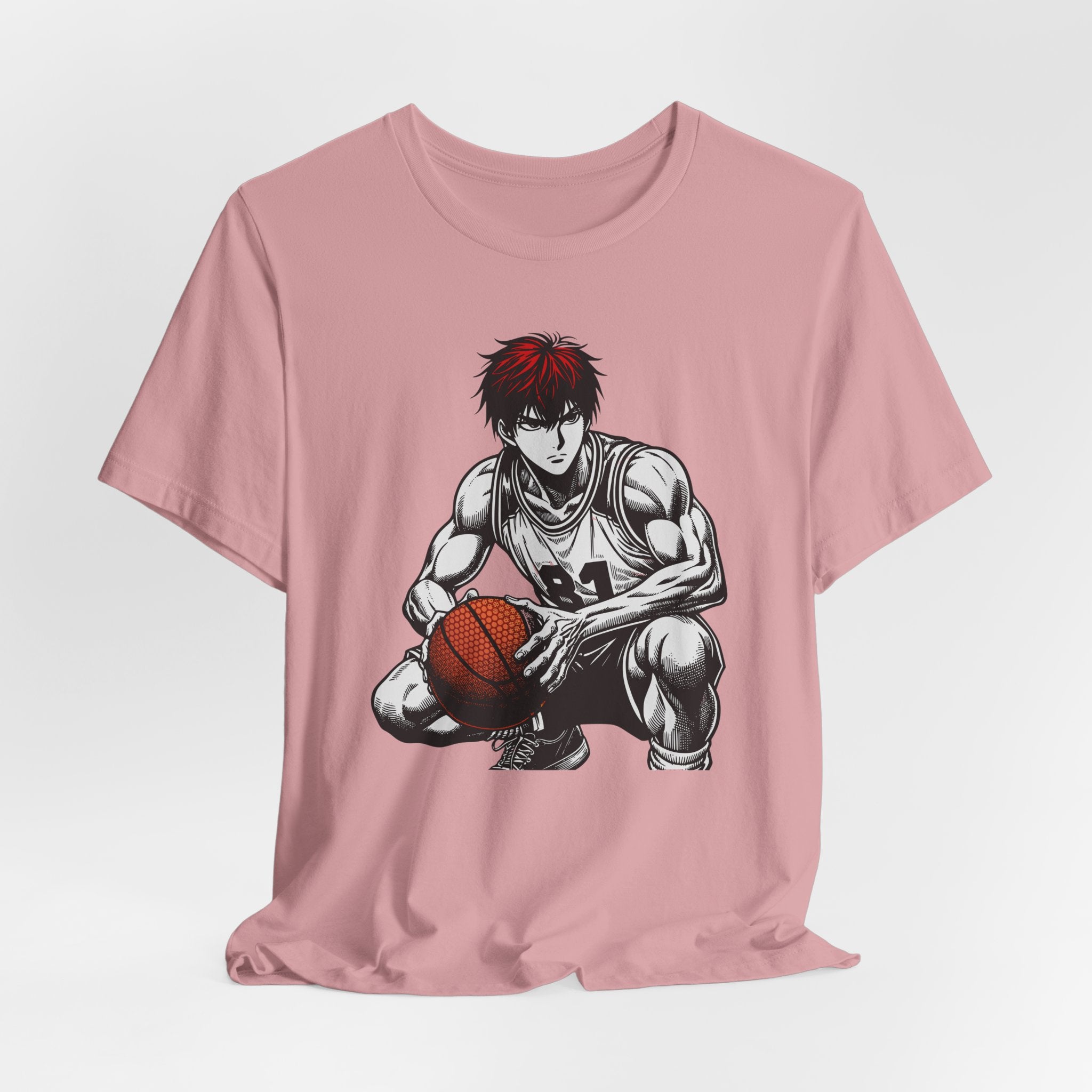 Pink t-shirt with a graphic of a basketball player on a white background
