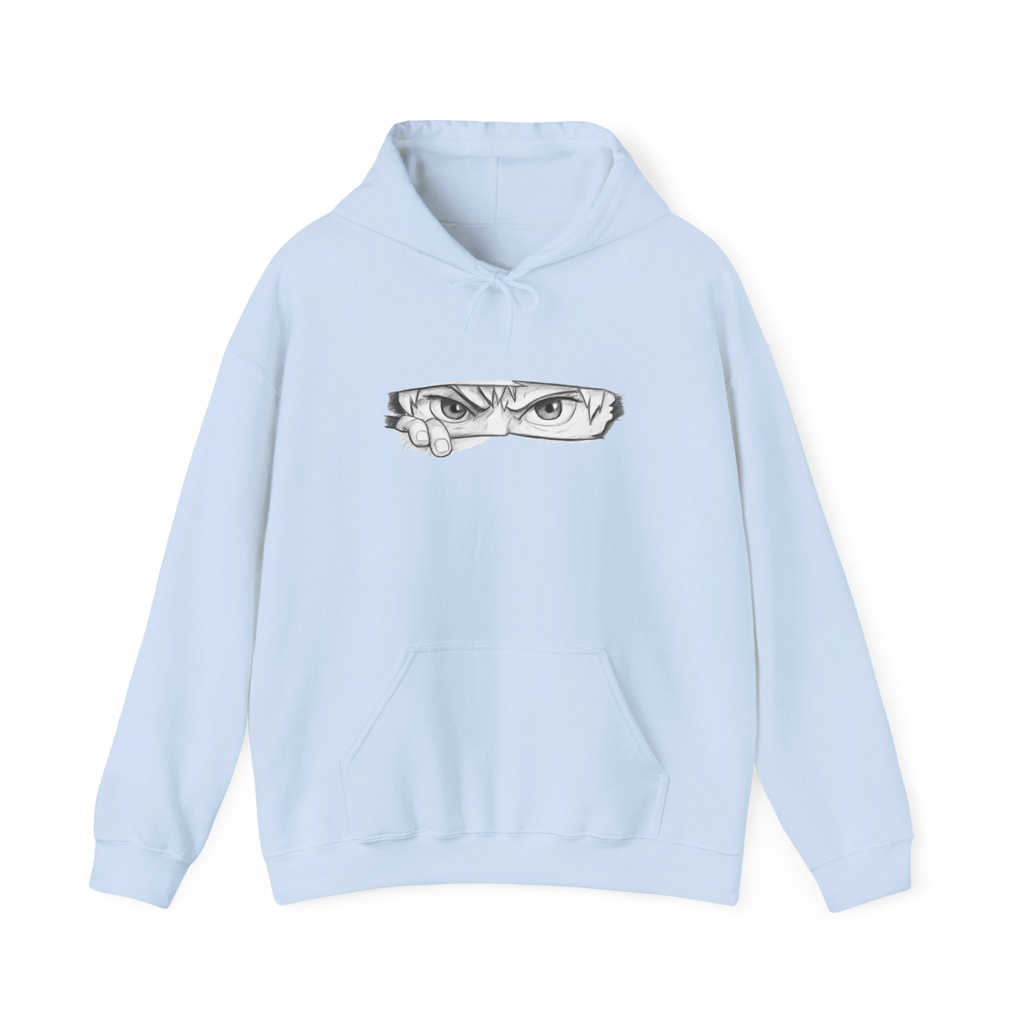 Light blue hoodie with a graphic of a anime eye on a white background