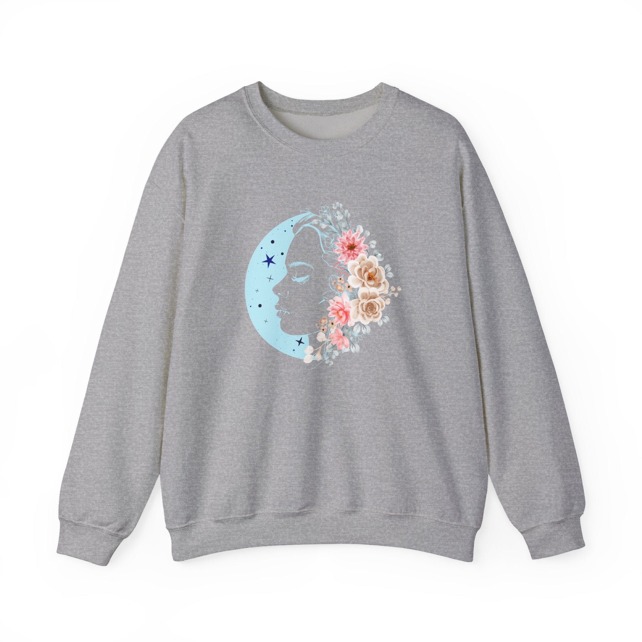 Gray sweatshirt with a floral moon design on a white background