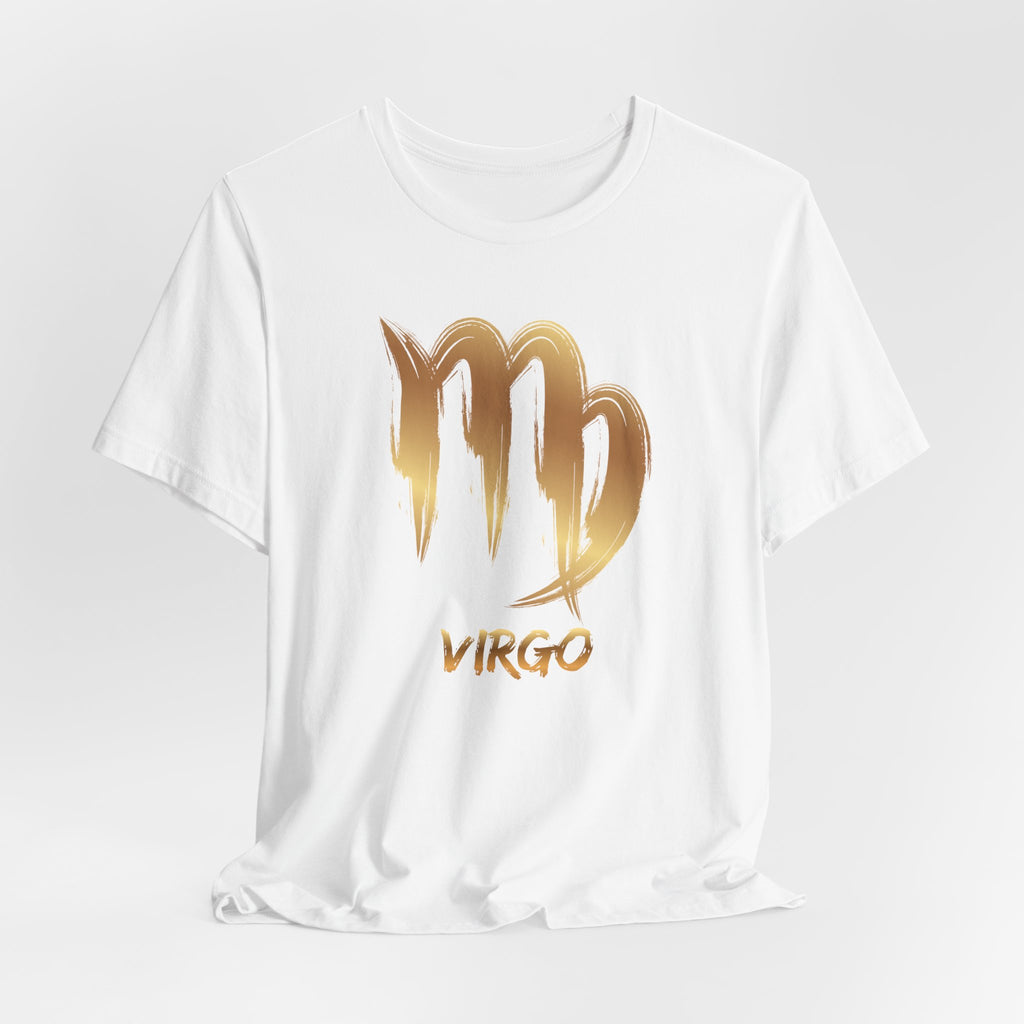 White t-shirt with gold Virgo zodiac sign design on a light gray background