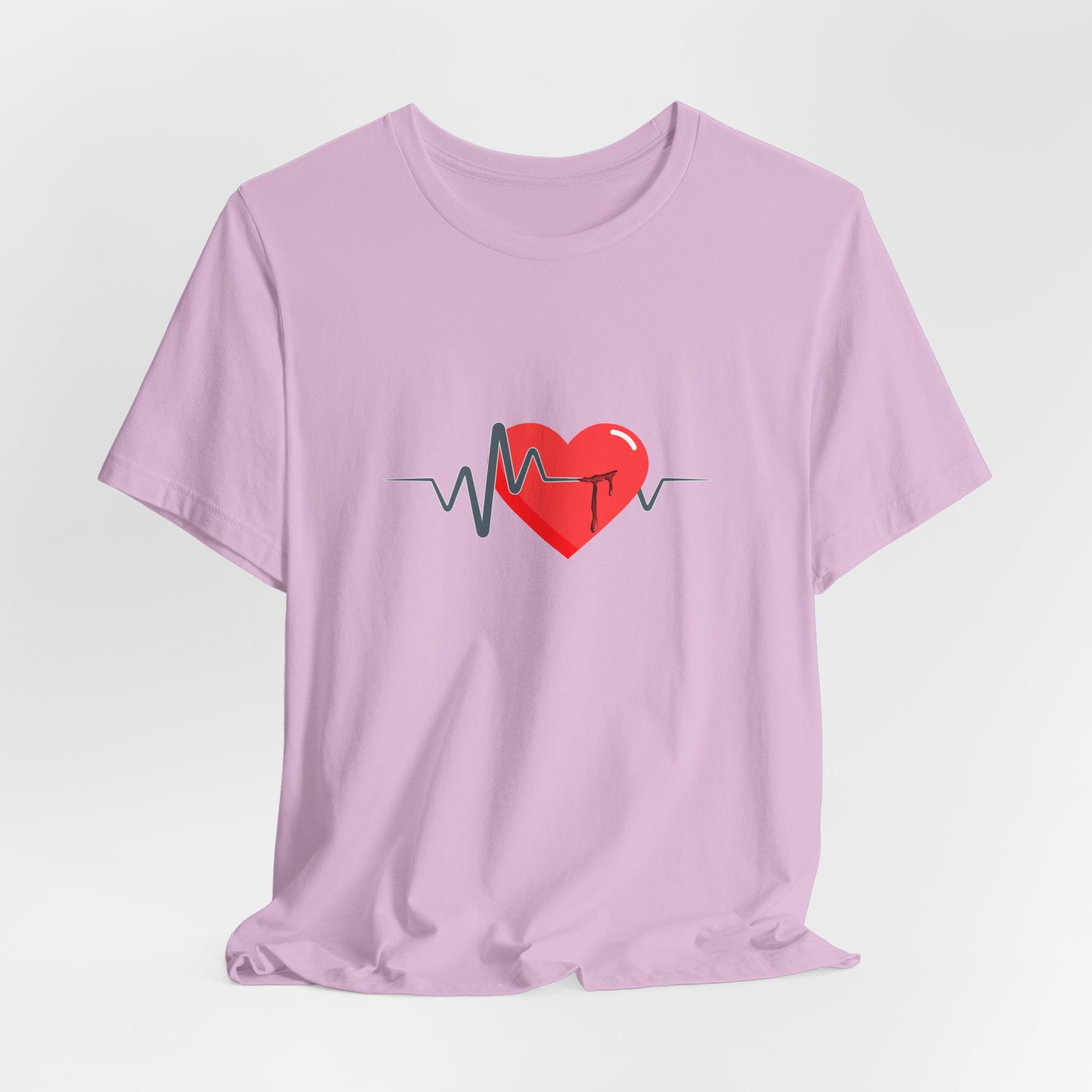 Purple t-shirt with a red heart and black line design on a white background
