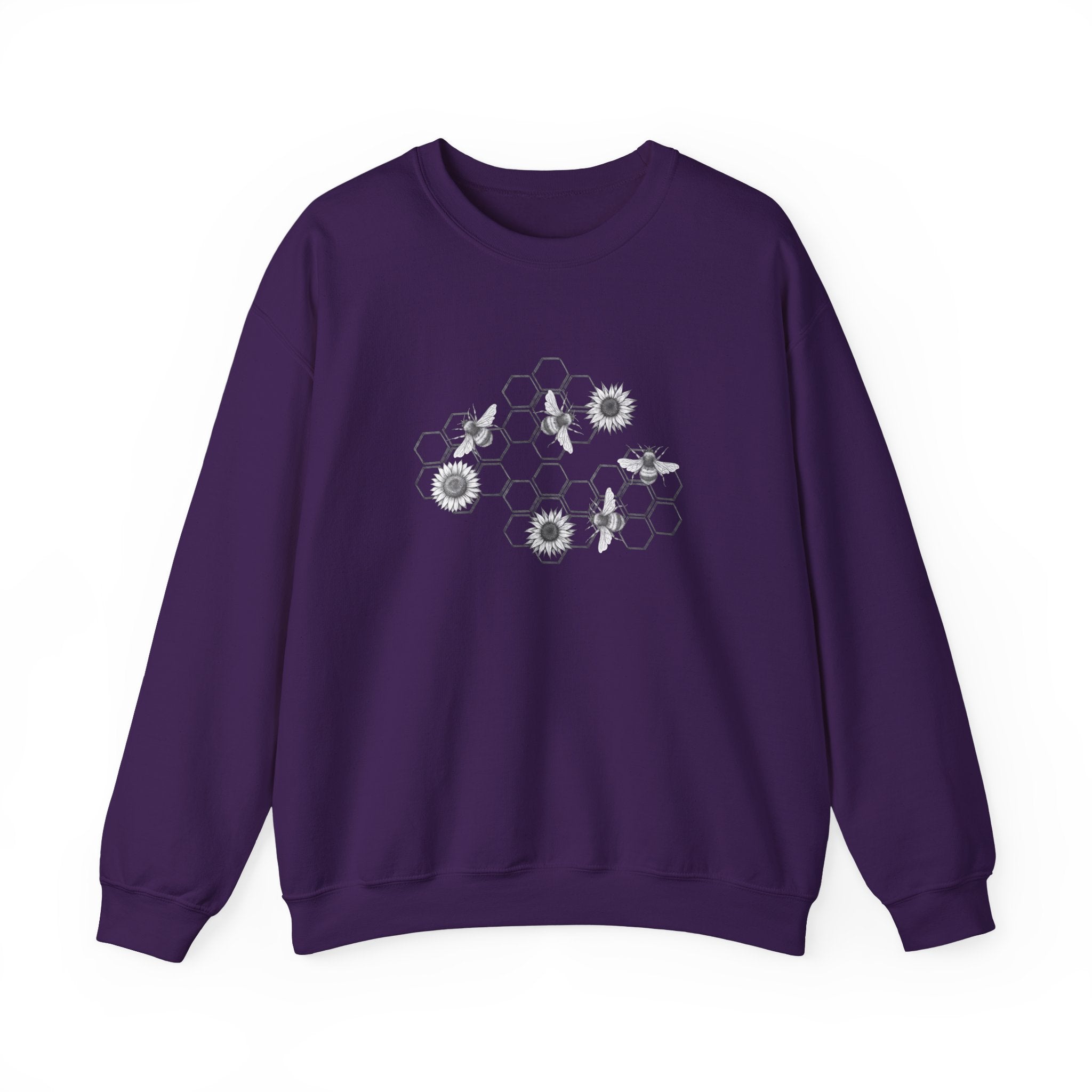 Purple sweatshirt with floral and bee design on a white background