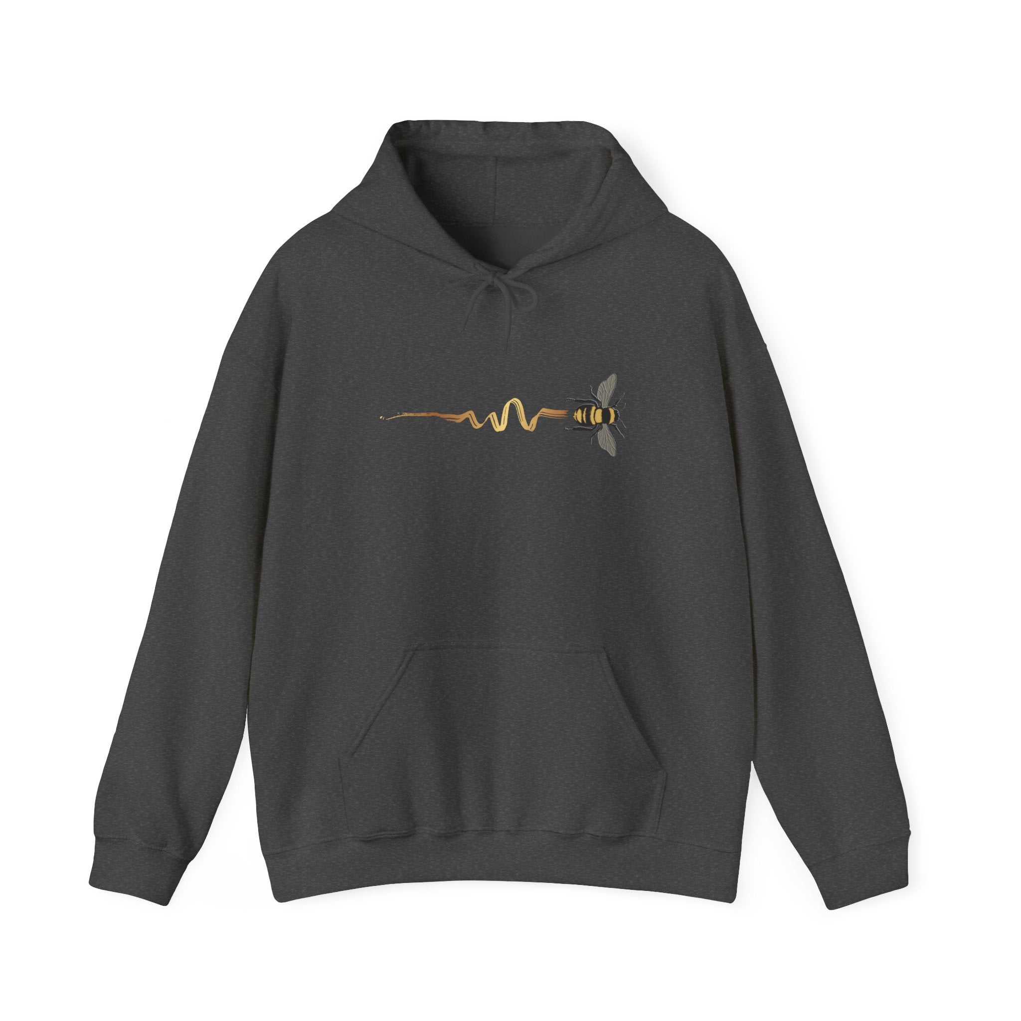 Dark gray hoodie with a bee design on a white background