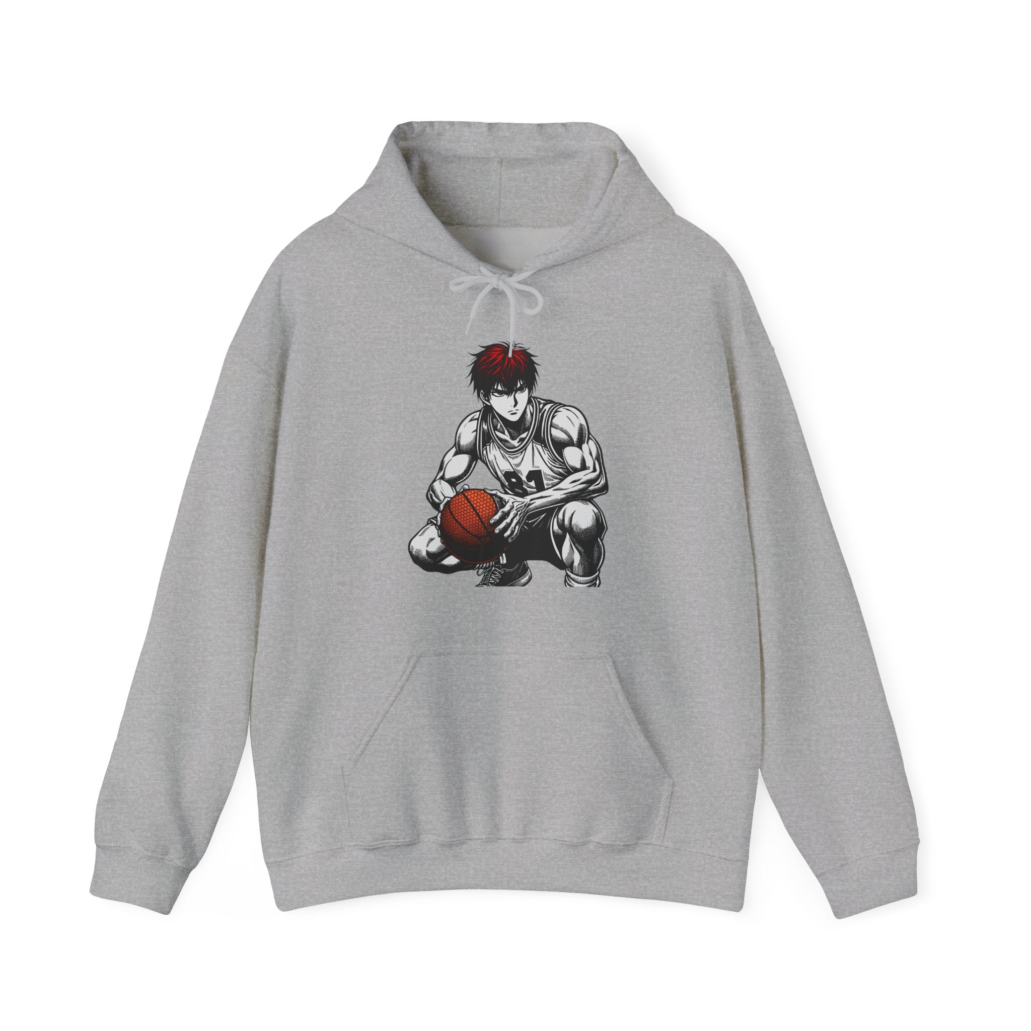 Gray hoodie with a graphic of a character holding a basketball on a white background