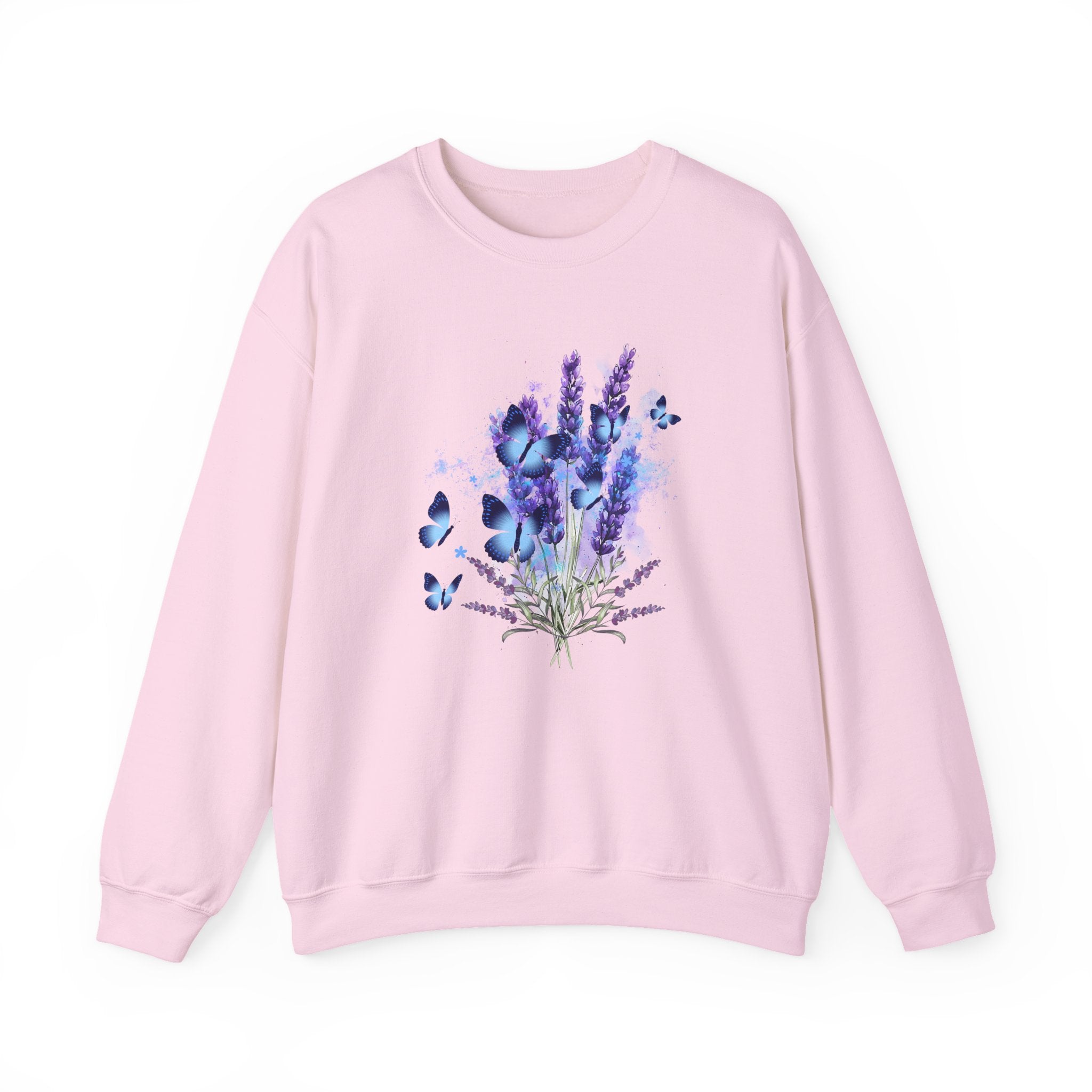 Pink sweatshirt with a floral and butterfly design on a white background