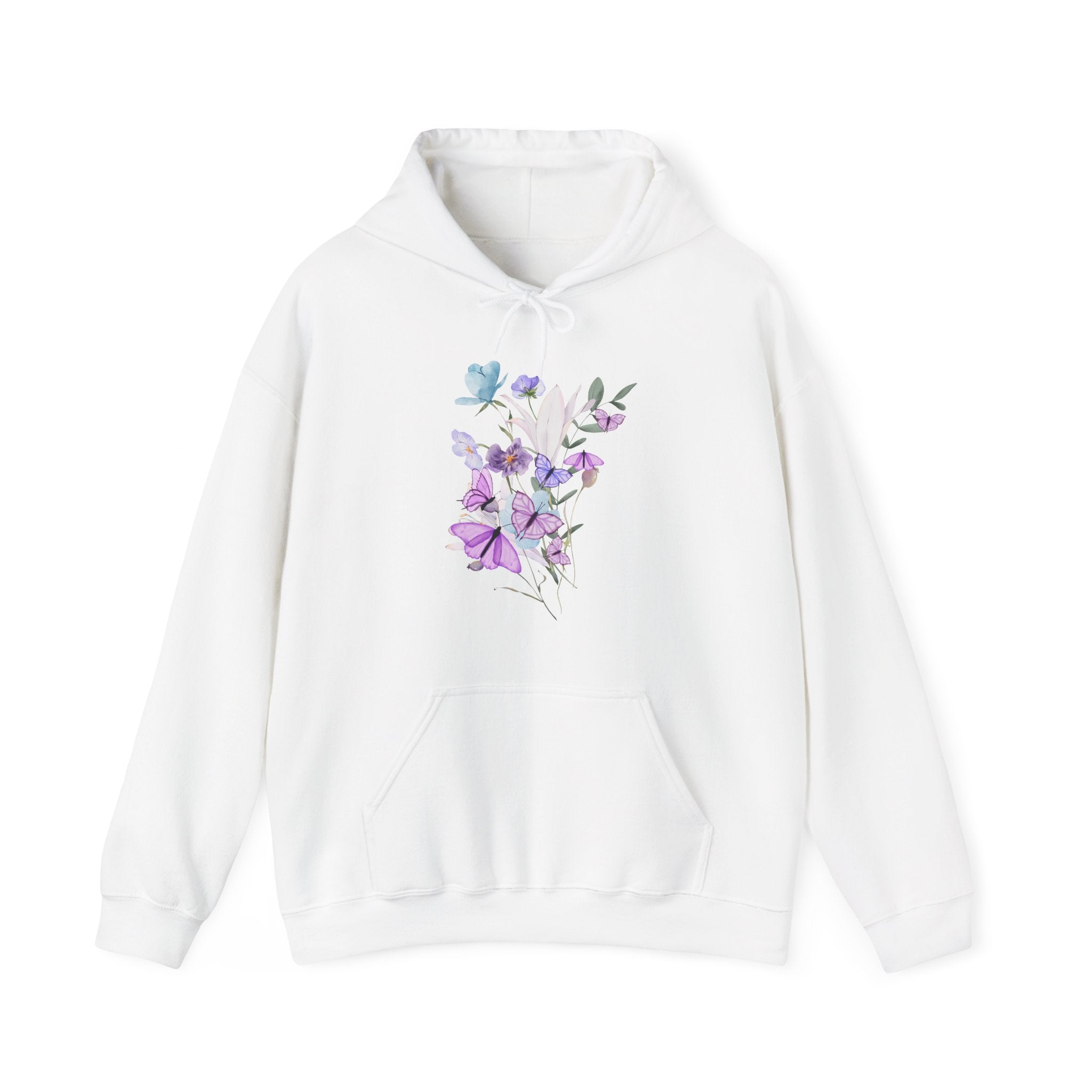White hoodie with floral design on a white background