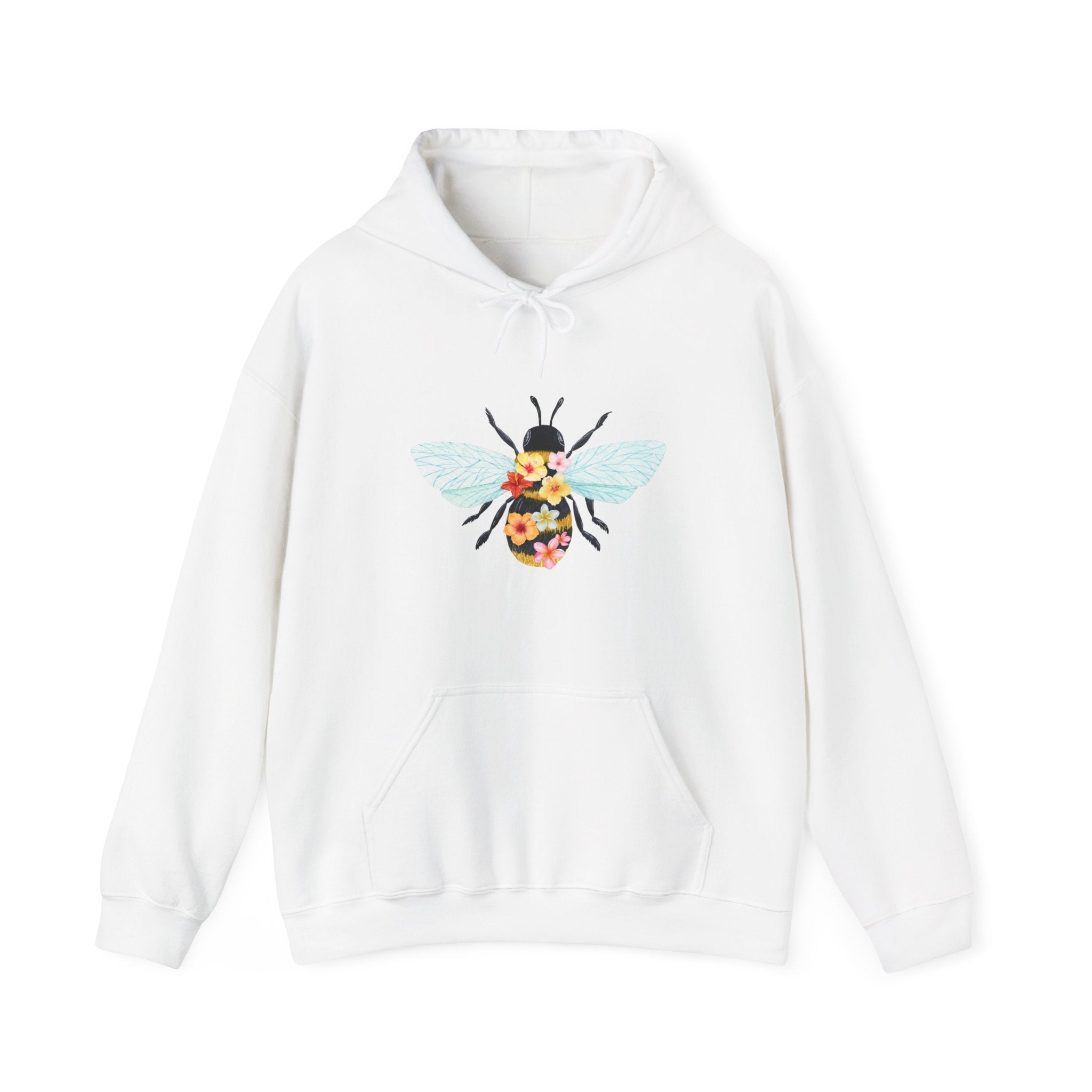 White hoodie with floral and bee design on a white background