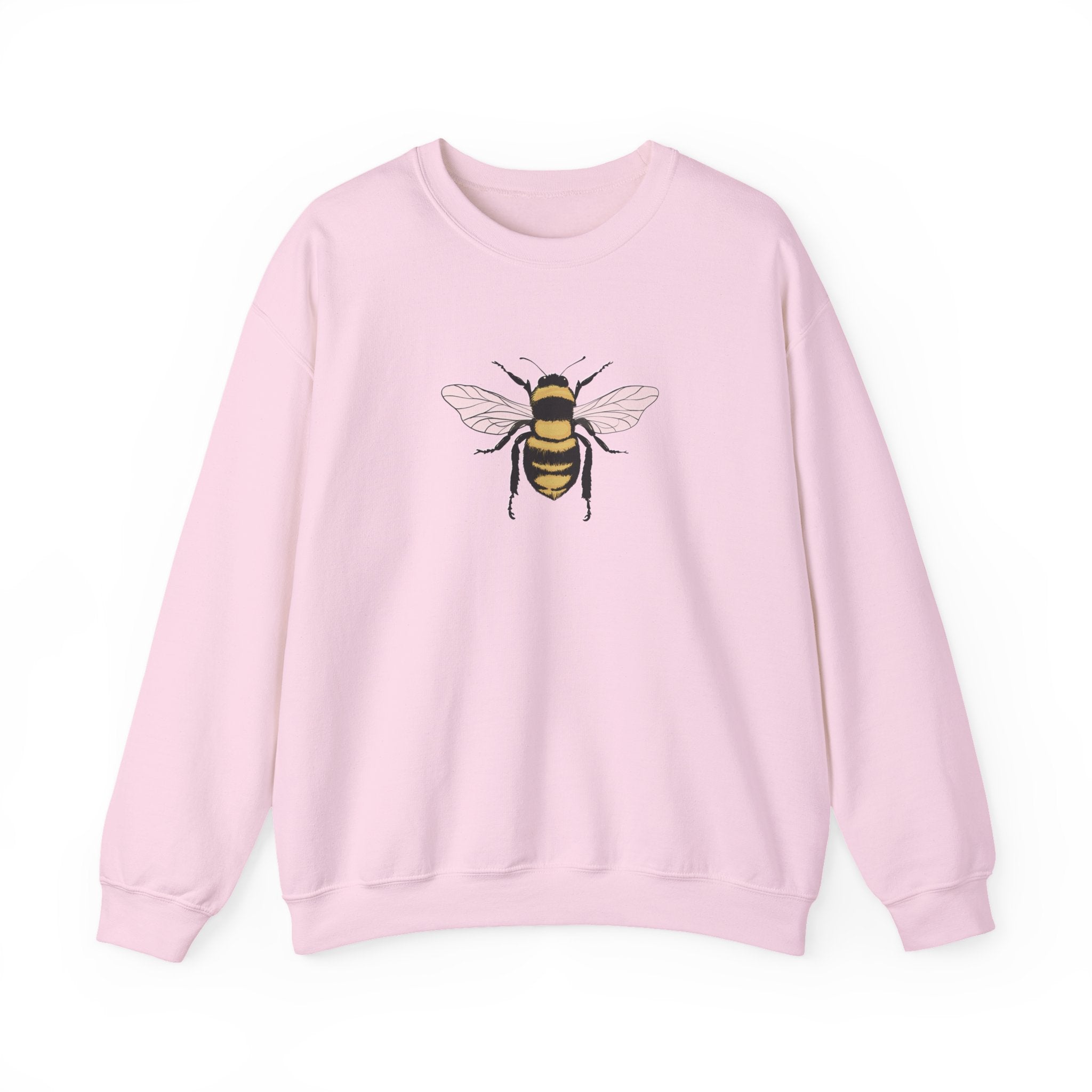 Pink sweatshirt with a bee design on a white background