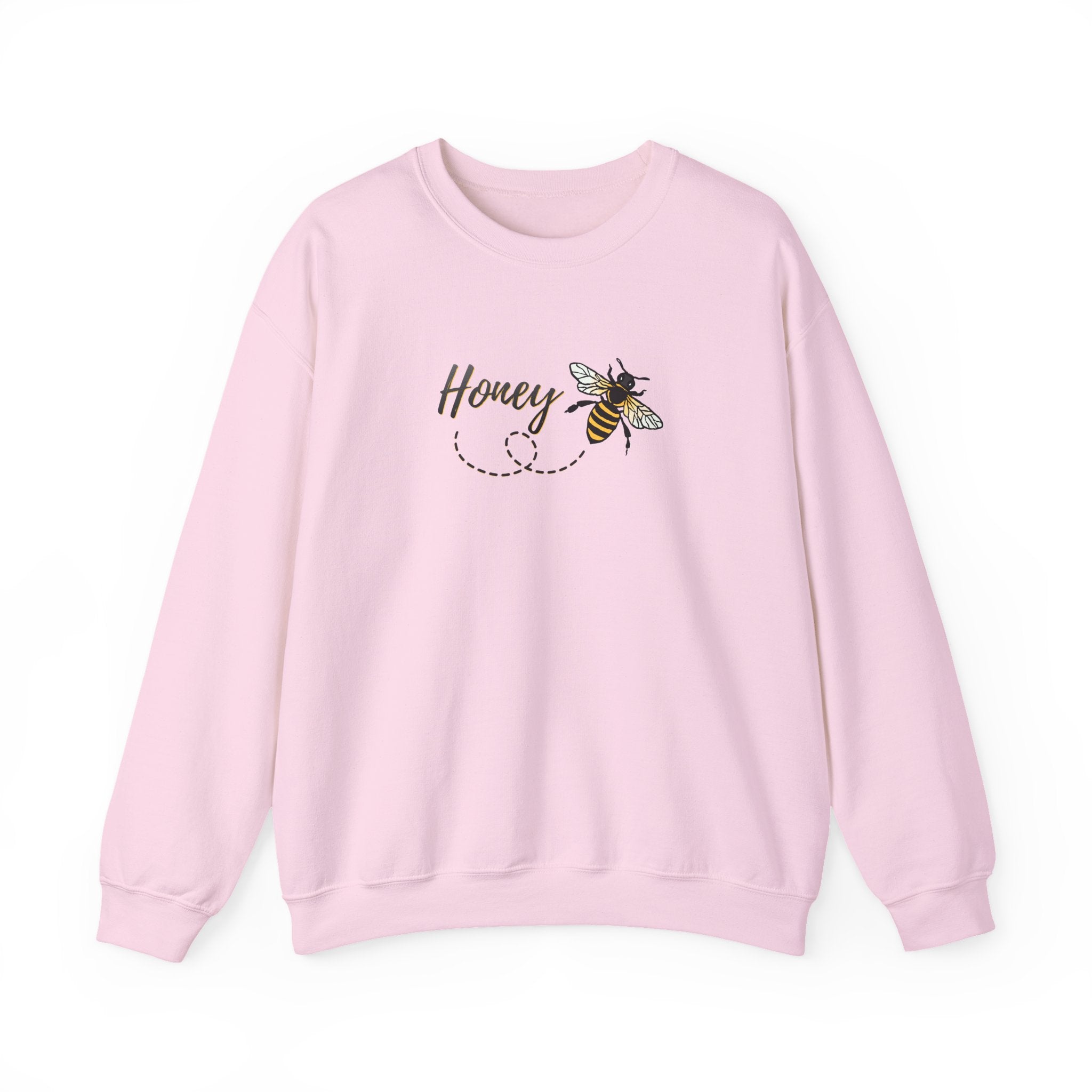 Pink sweatshirt with bee and 'Honey' design on a white background