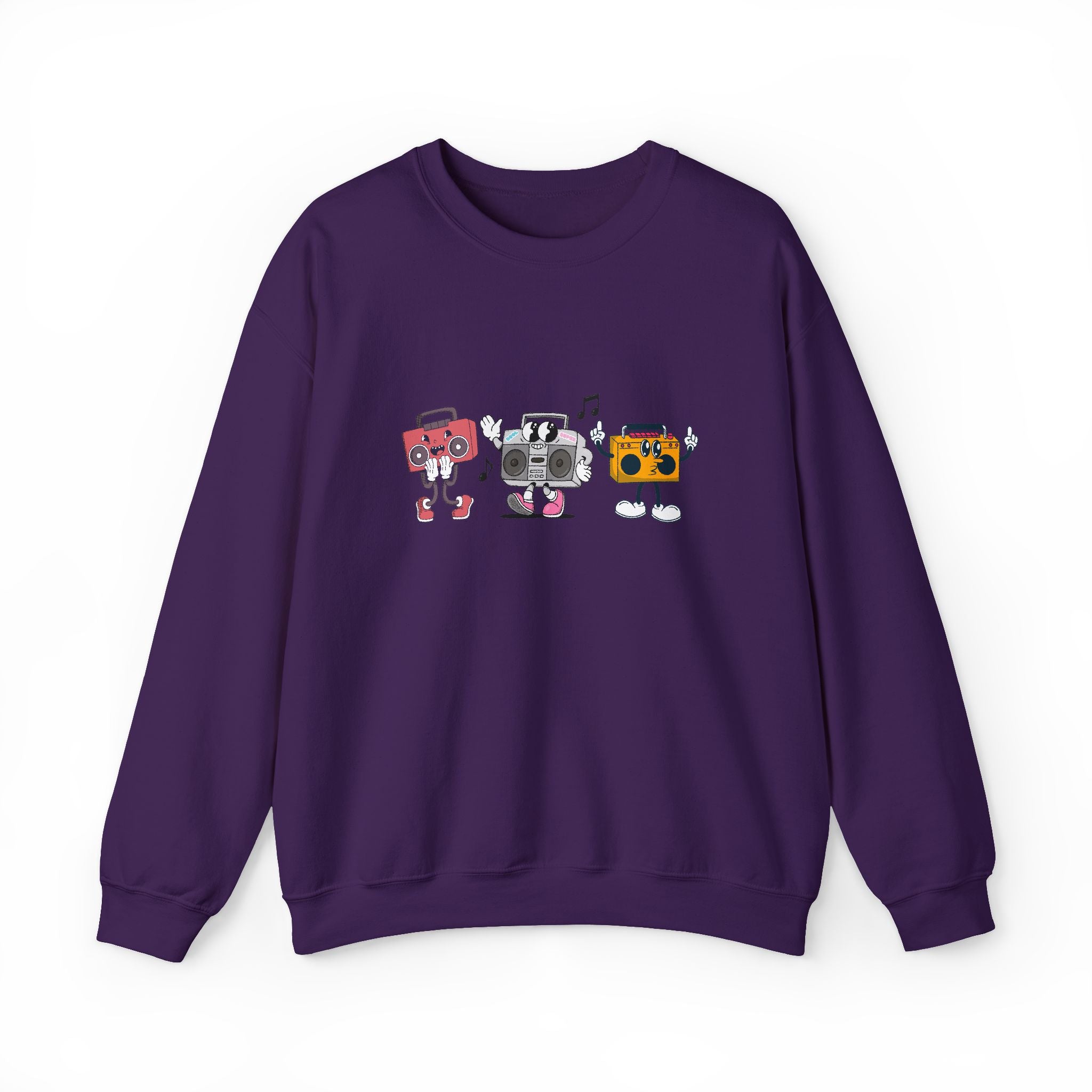 Purple sweatshirt with cartoon-style music equipment design on a white background