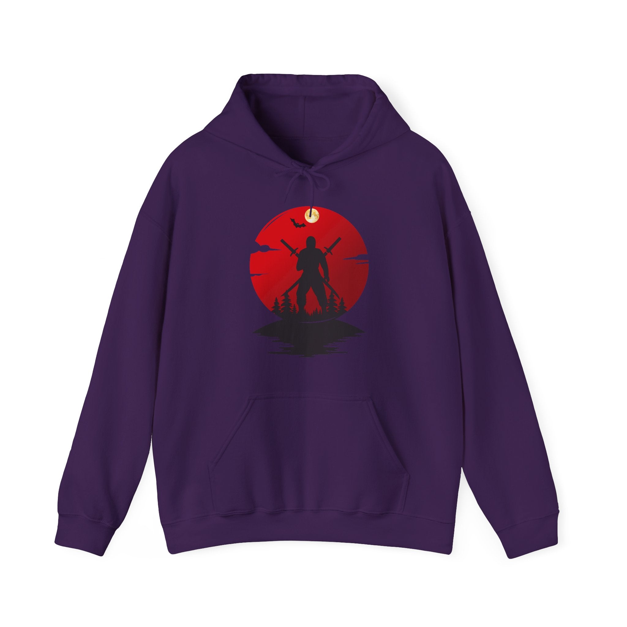 Purple hoodie with a red and black graphic on a white background