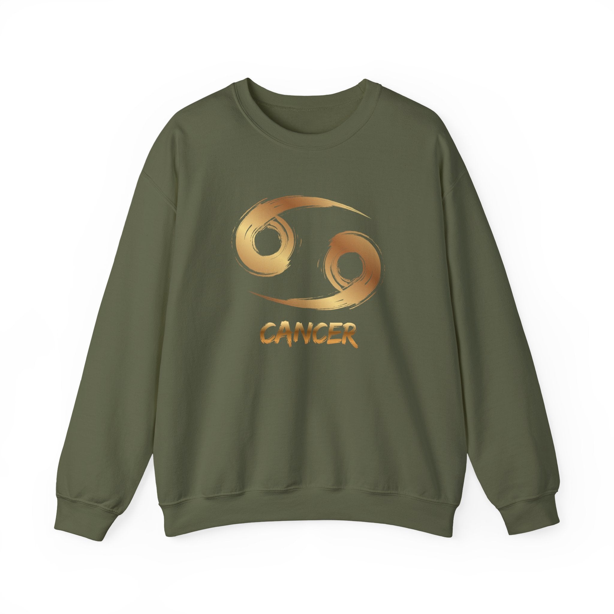 Green sweatshirt with Cancer zodiac symbol in gold on a white background
