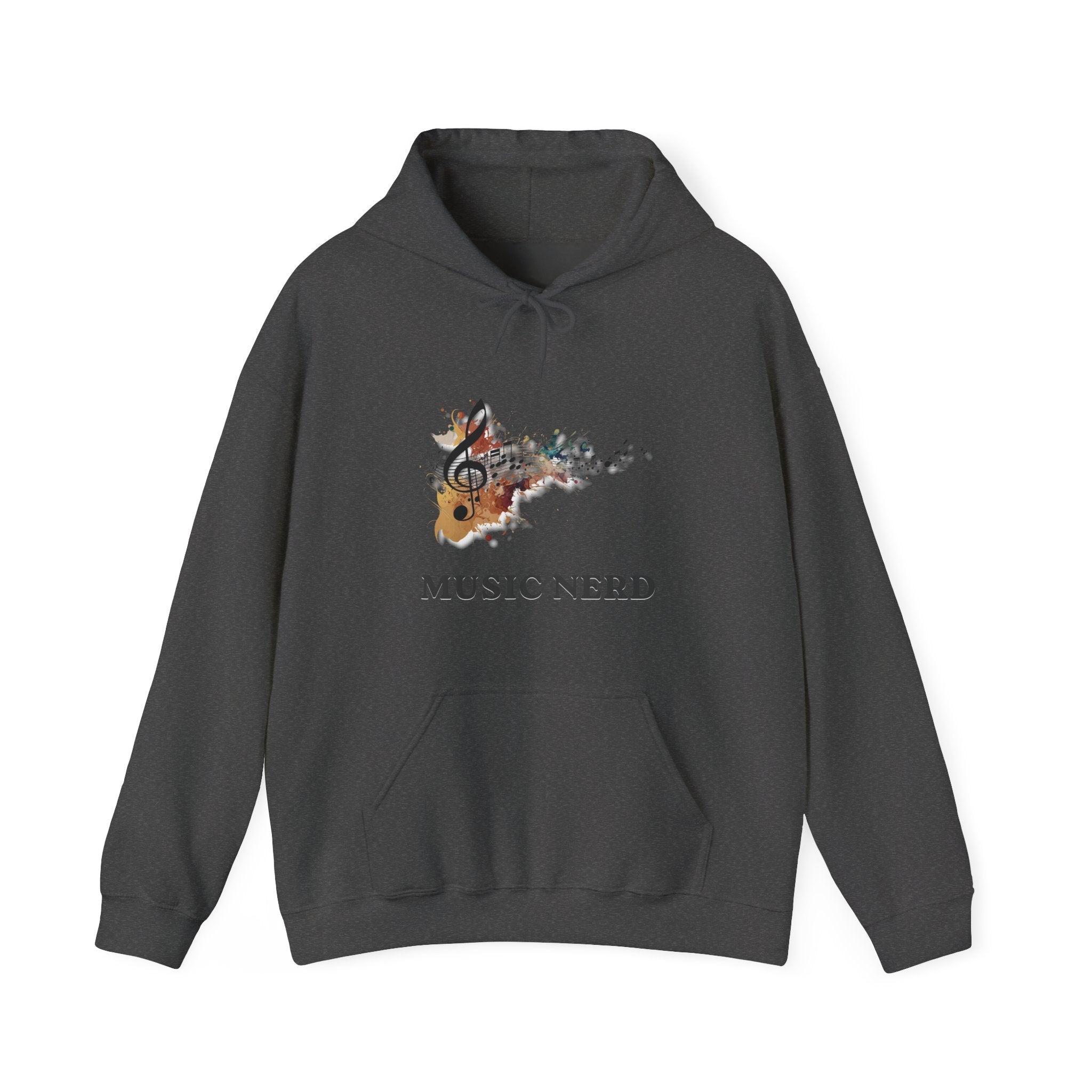 Dark gray hoodie with 'Music Nerd' graphic design on a white background