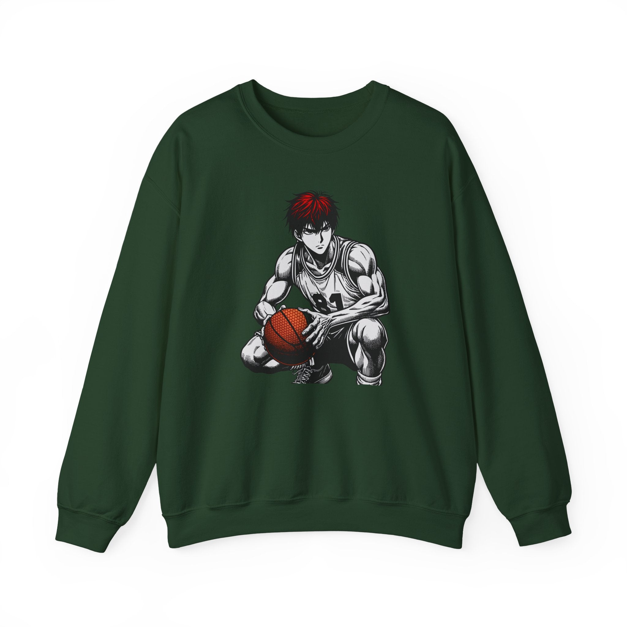 Green sweatshirt with an anime-style graphic of a character holding a basketball on a white background