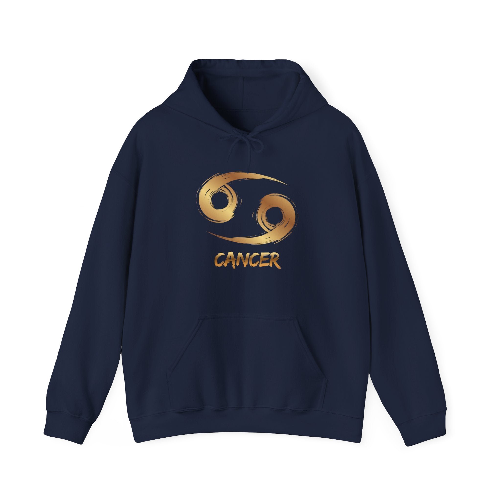 Navy blue hoodie with gold Cancer zodiac symbol on a white background