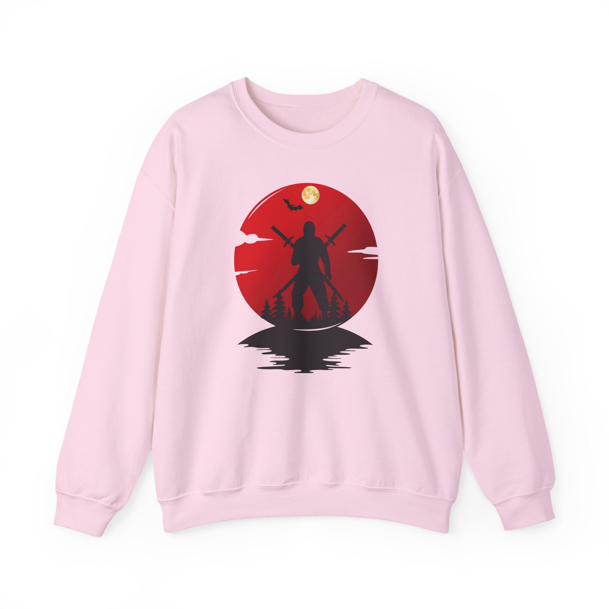 Pink sweatshirt with a red and black ninja graphic design on a white background