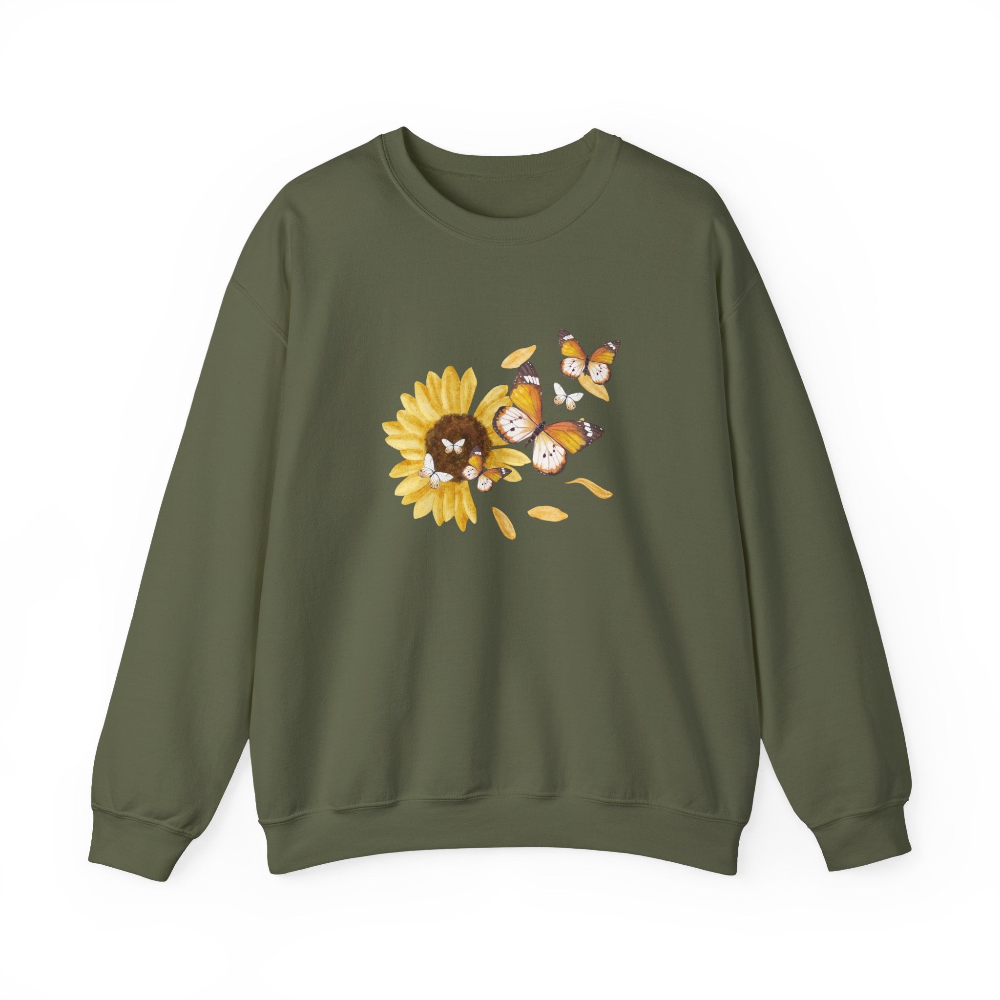Green sweatshirt with a sunflower and character design on a white background