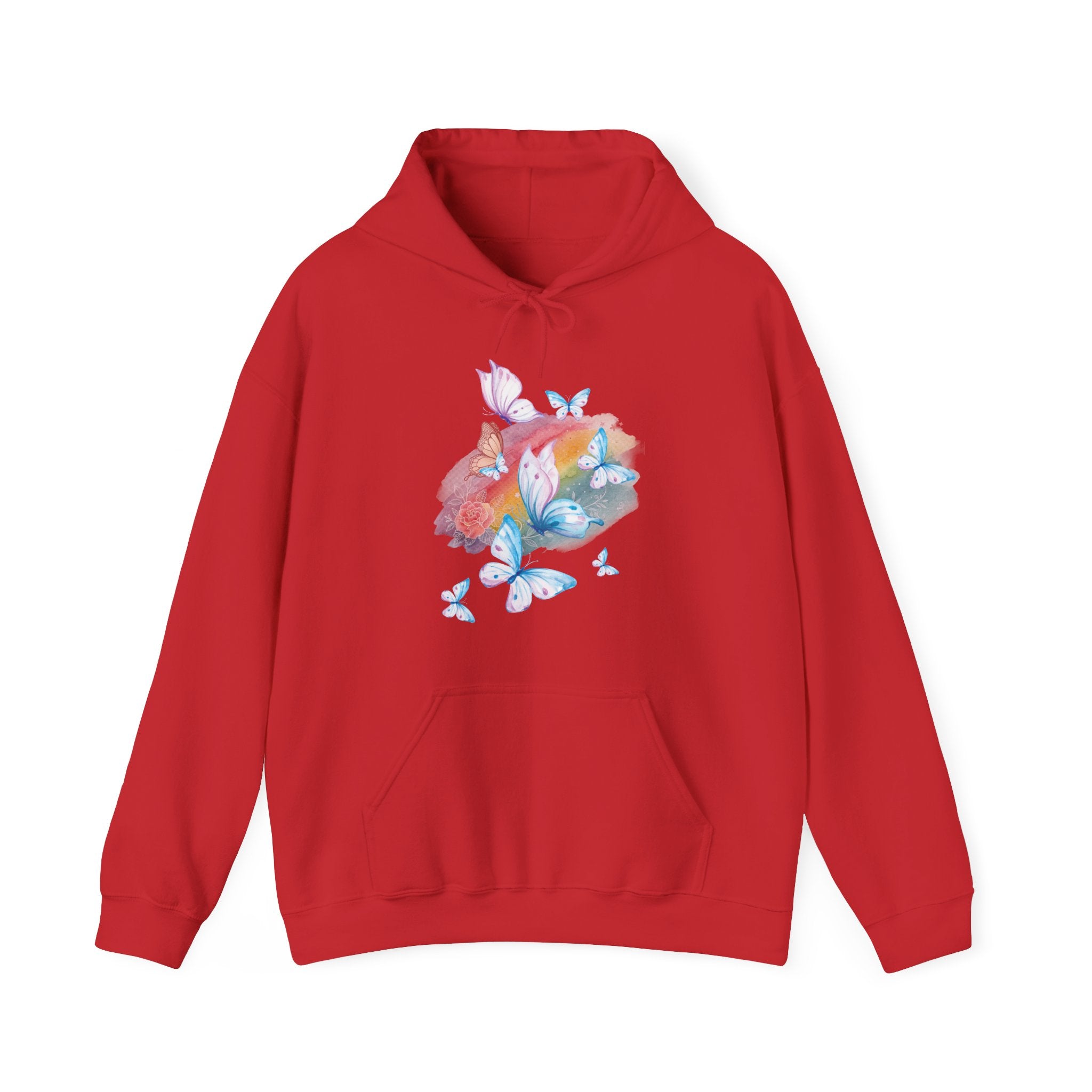 Red hoodie with butterfly design on a white background