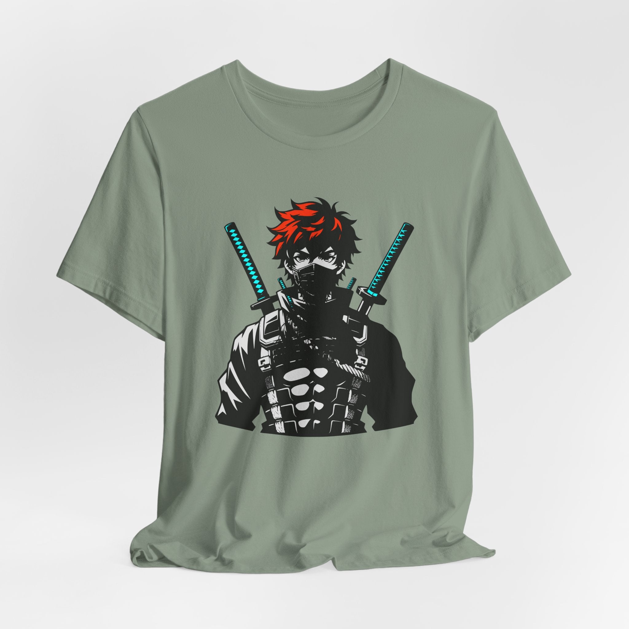 Green t-shirt with a graphic design of a character holding swords on a light gray background
