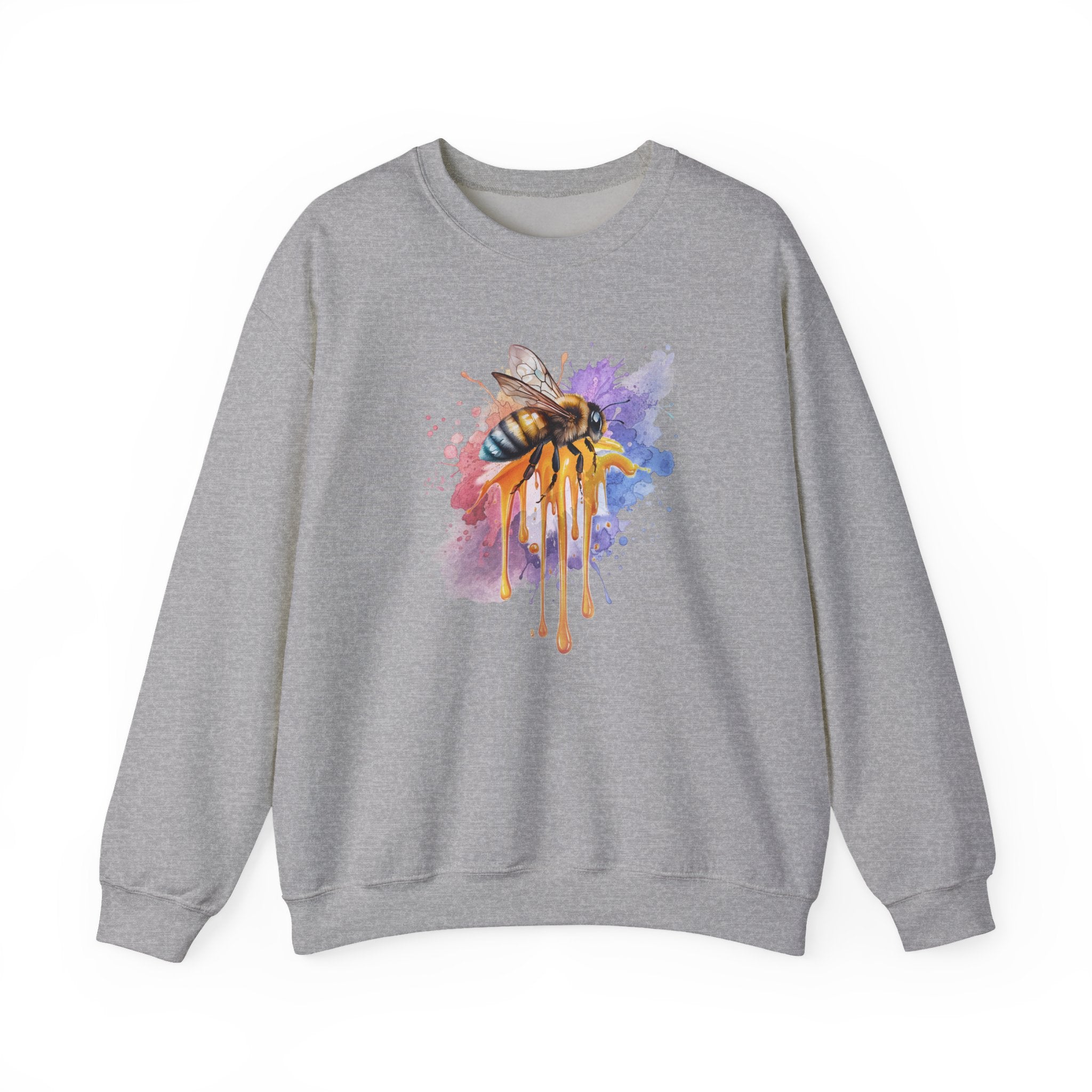 Gray sweatshirt with a colorful bee design on a white background