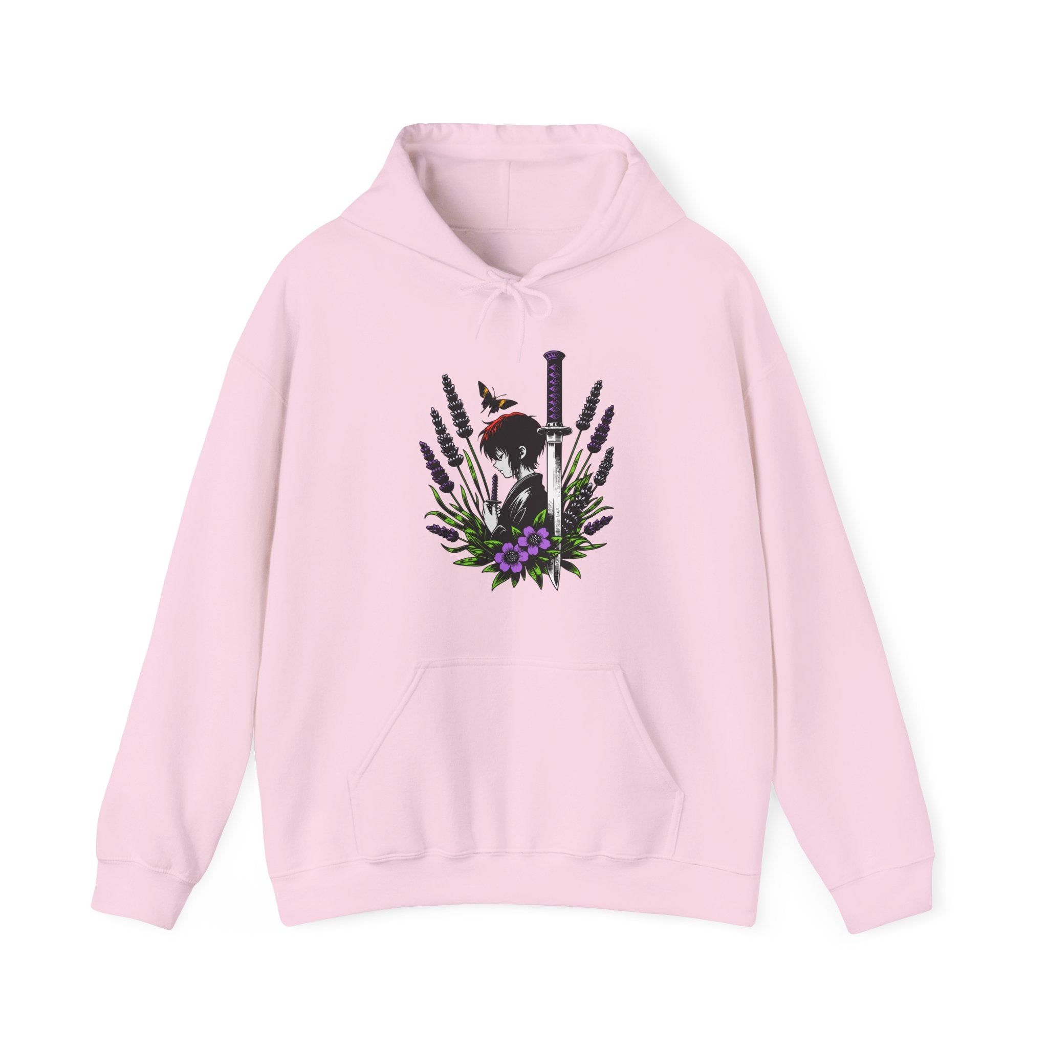 Pink hoodie with a graphic design on a white background