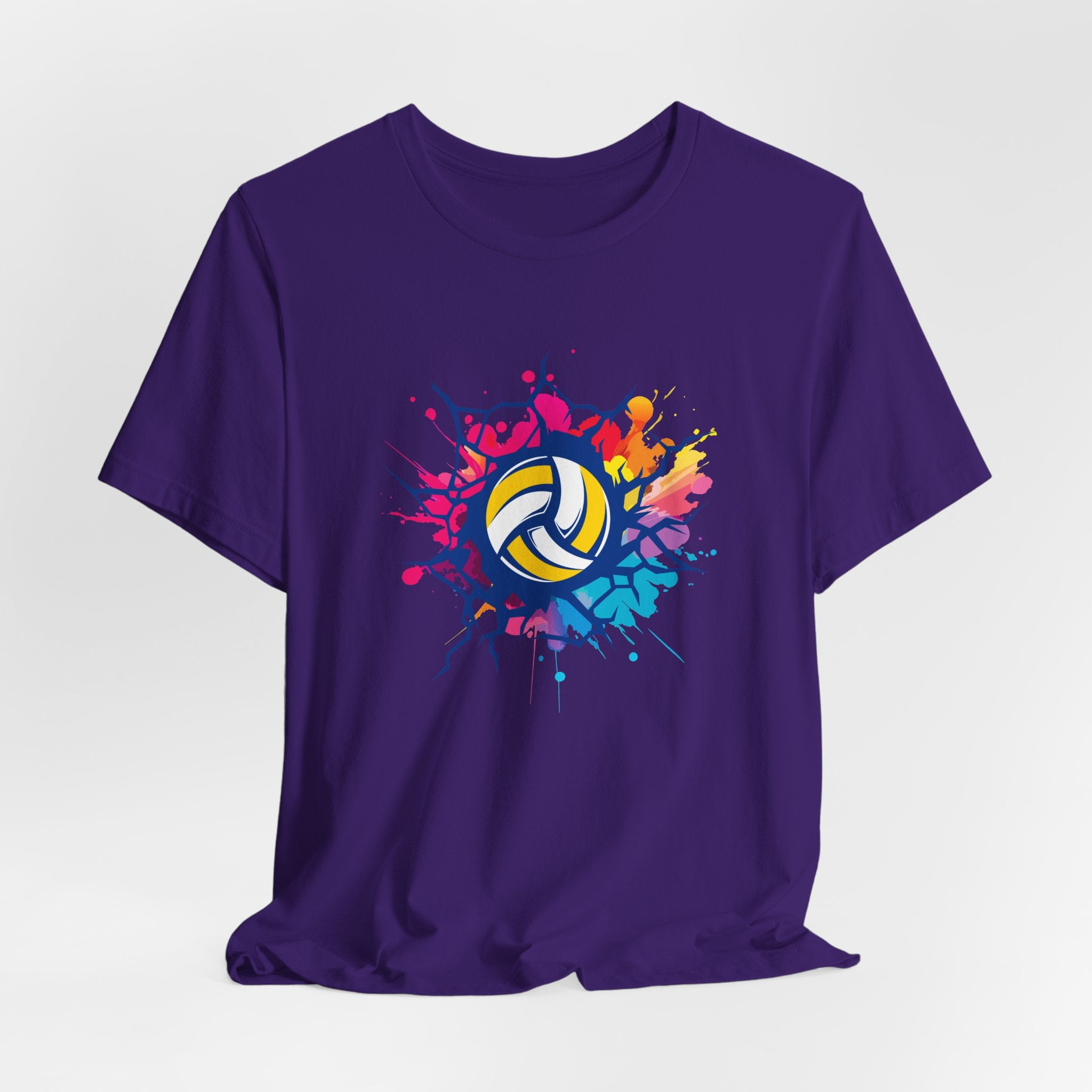 Purple t-shirt with a colorful volleyball graphic on a white background