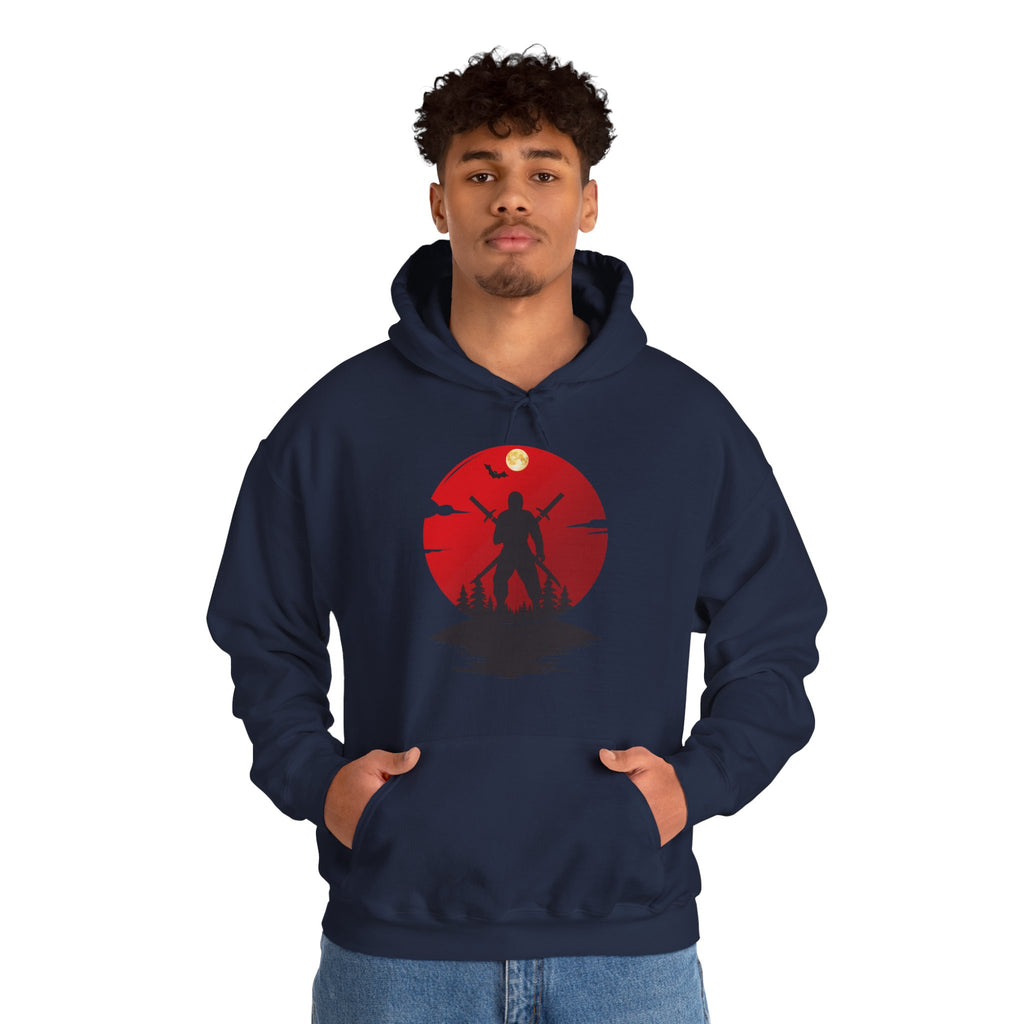Person wearing a navy hoodie with a red graphic design on a white background