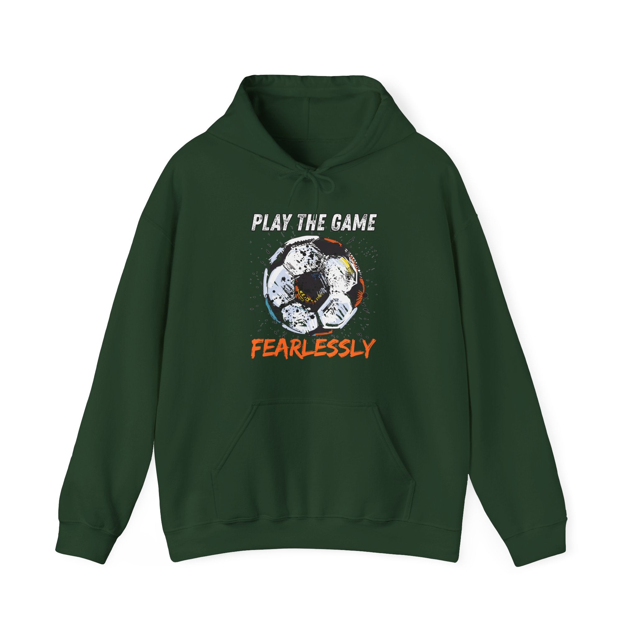 Green hoodie with dirty soccer ball graphic and play the game fearlessly text on a white background